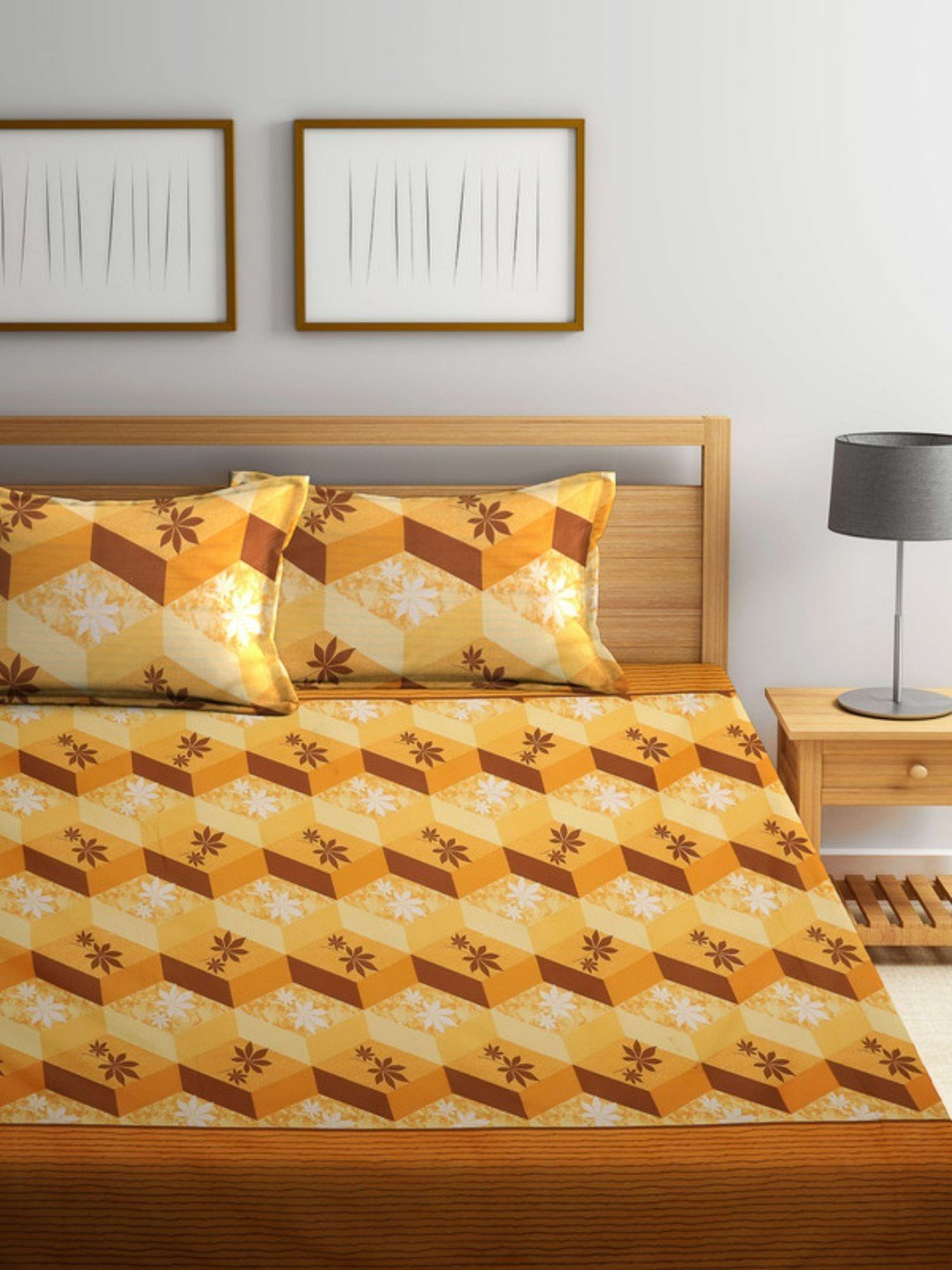 Dhrohar Printed Yellow & Brown Cotton 180 TC Double Bedsheet with 2 Pillow covers