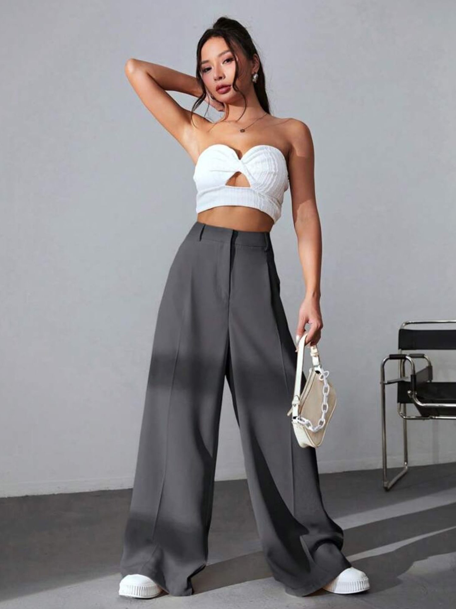 Broadstar Dark Grey Straight Fit High Rise Trousers