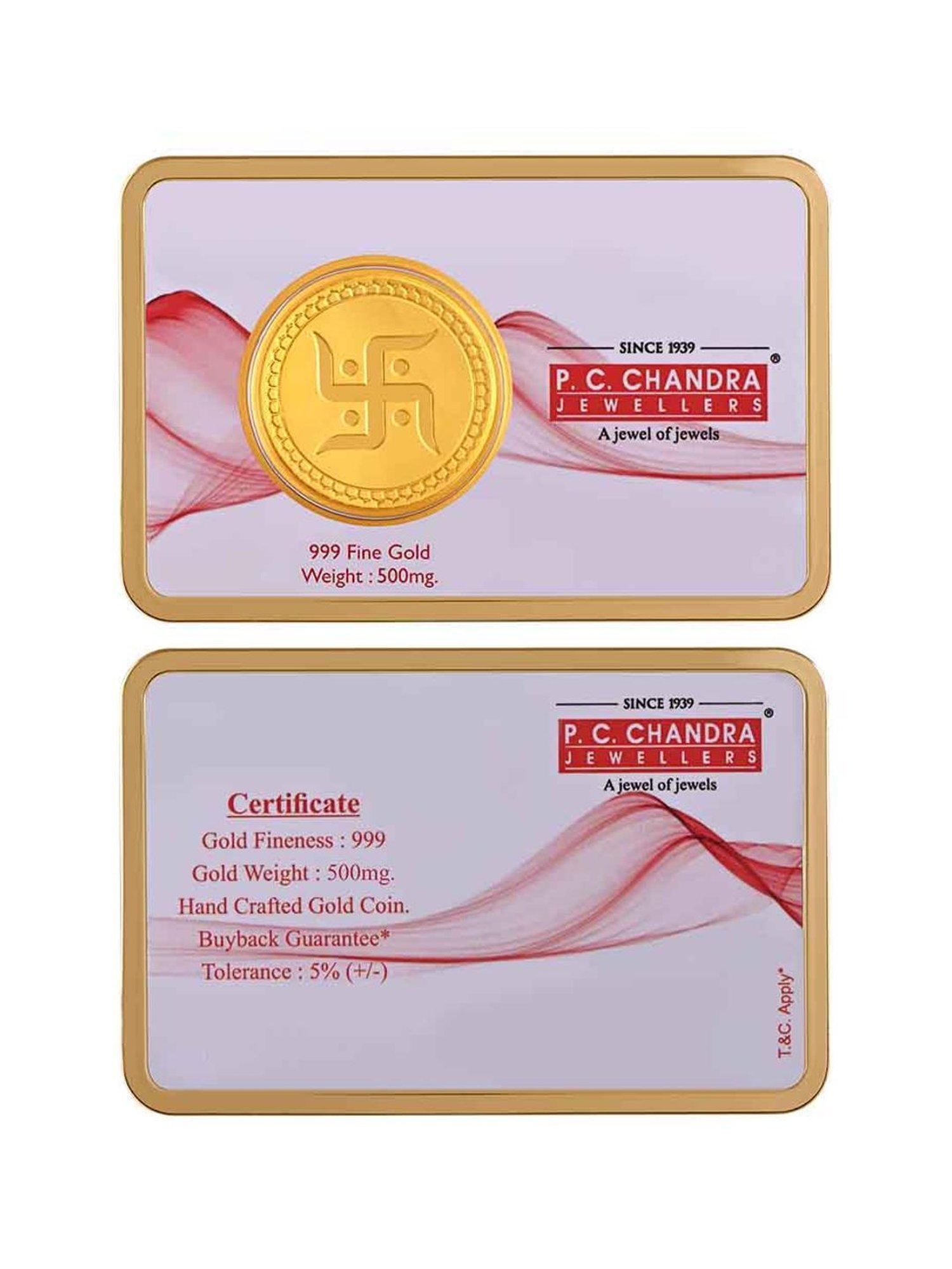 P.C. Chandra Jewellers Pooja Kalash-Inscribed 24k (999) 0.05gm Yellow Gold Foil Coin