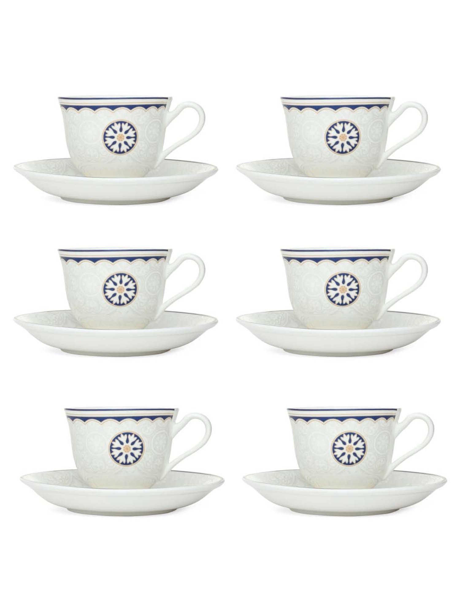 Clay Craft White & Blue Ceramic 210 ML Cup Set (6 Cups & 6 Saucers)
