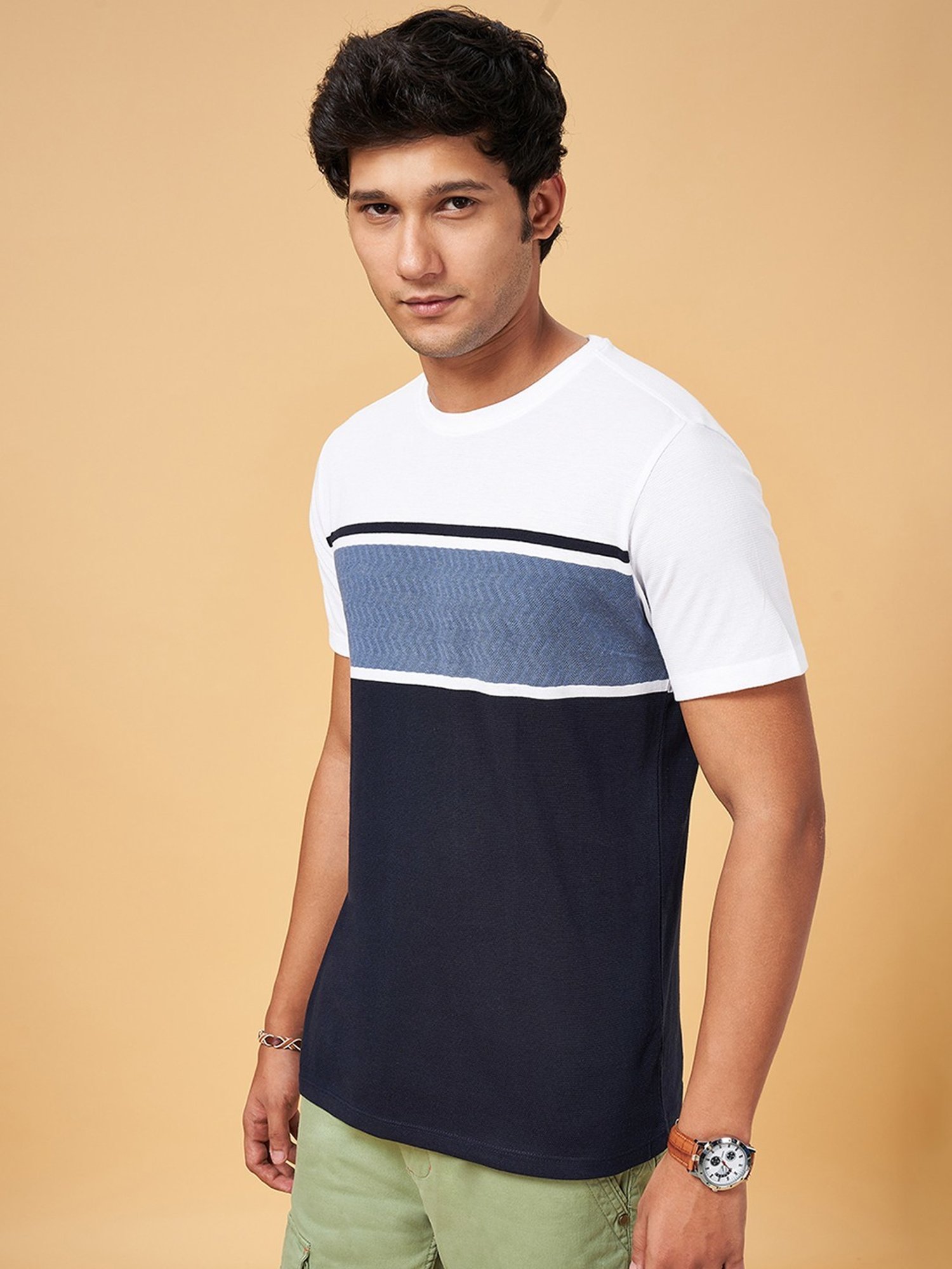 Urban Ranger by Pantaloons Navy & White Cotton Slim Fit Colour Block T-Shirt