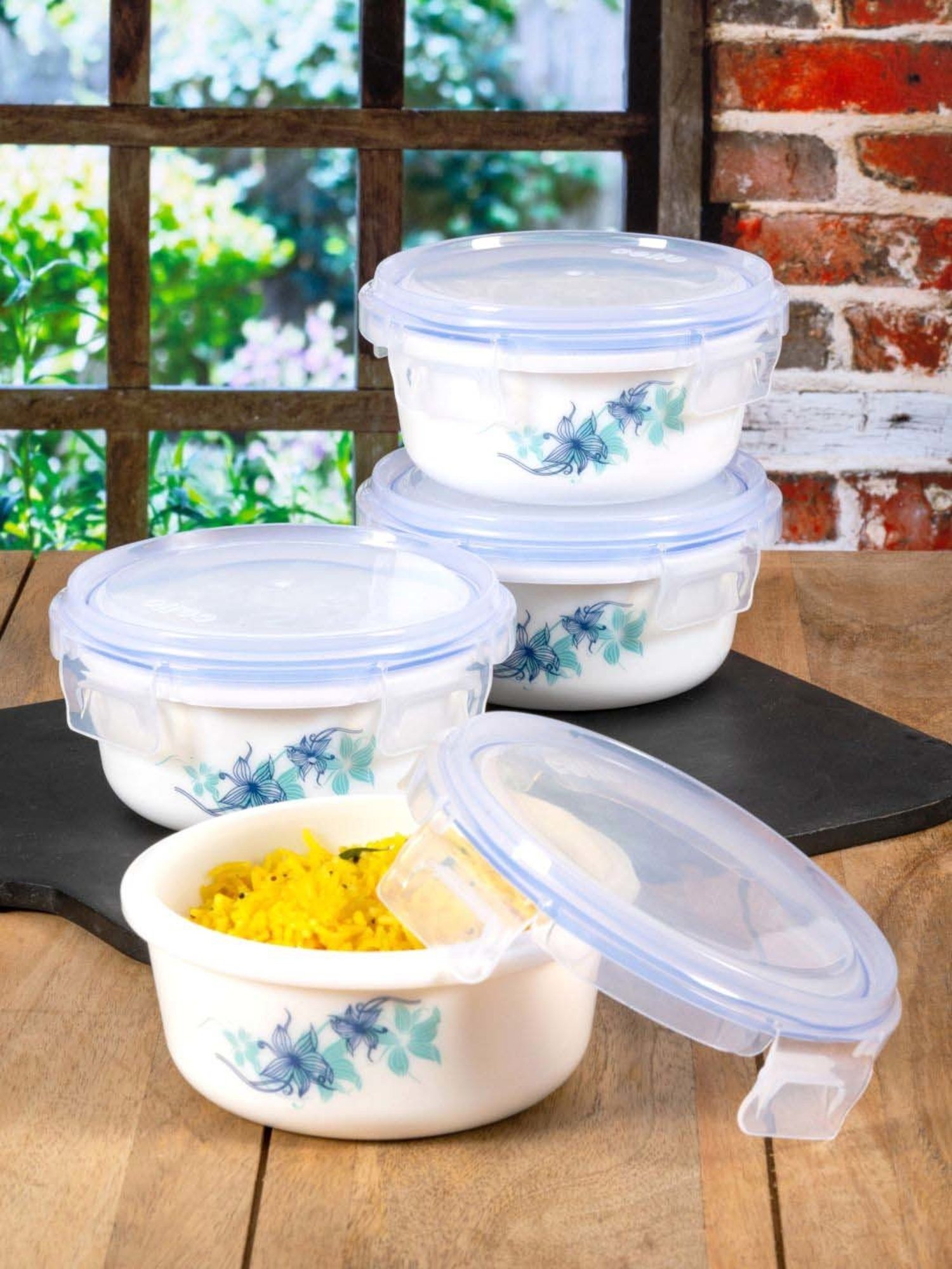 Cello White & Blue Opalware Storage Container (0.4 L) - Set of 4