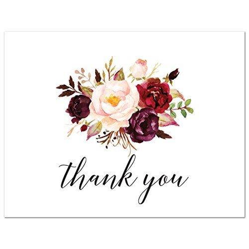 50 cnt Rustic Watercolor Floral Thank You Cards with Envelopes (Burgundy)