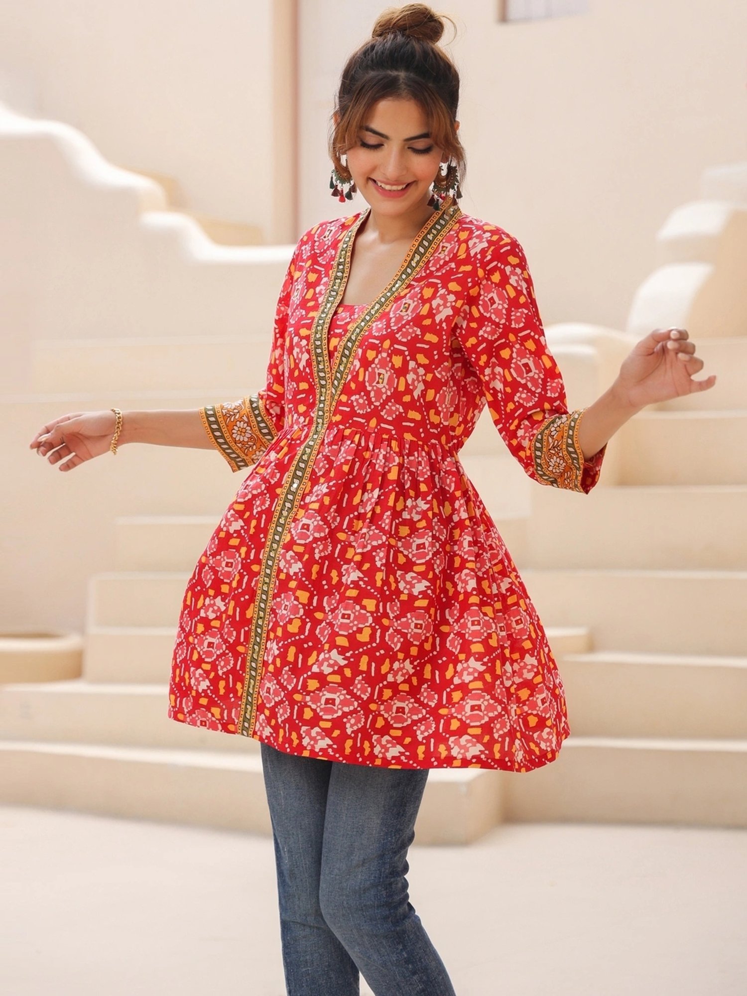 Rain and Rainbow Red Cotton Printed Top