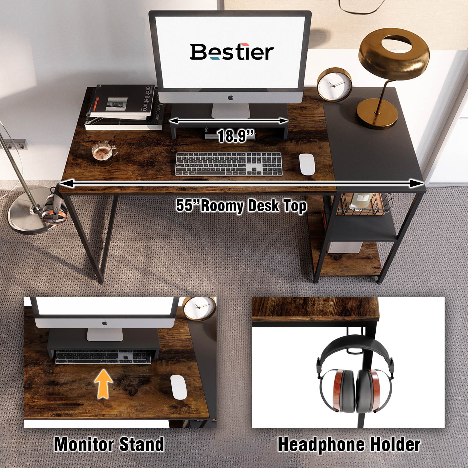 Bestier 55 Inch Home Desks with Monitor Stand & Storage Shelves, Sturdy Rustic Desk, Home Office Laptop Desk, Easy to Assemble, Rustic Brown & Black
