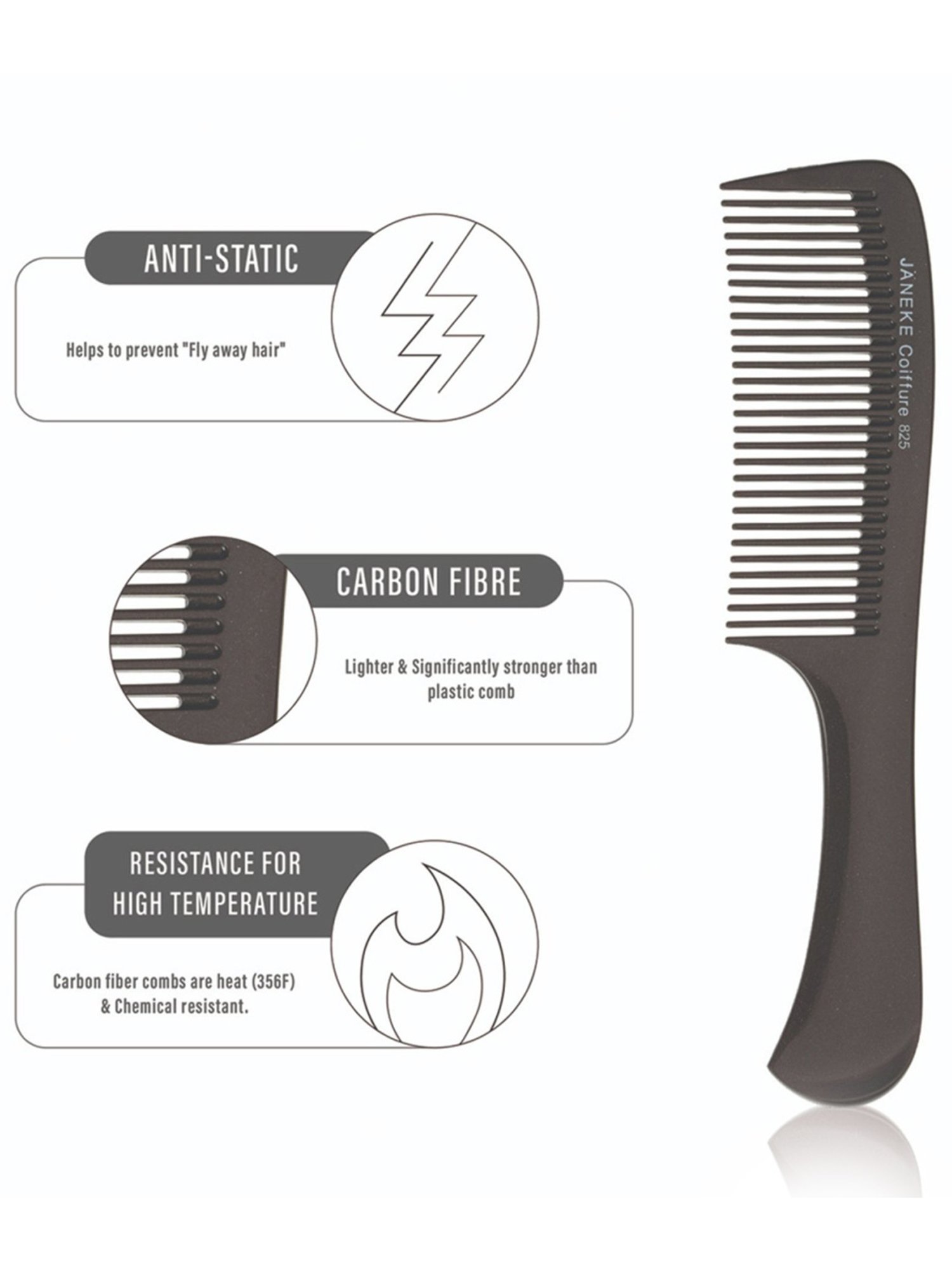 Janeke 1830 Professional Hair Colour Application Carbon Fibre Handle Hair Comb - 22 cm