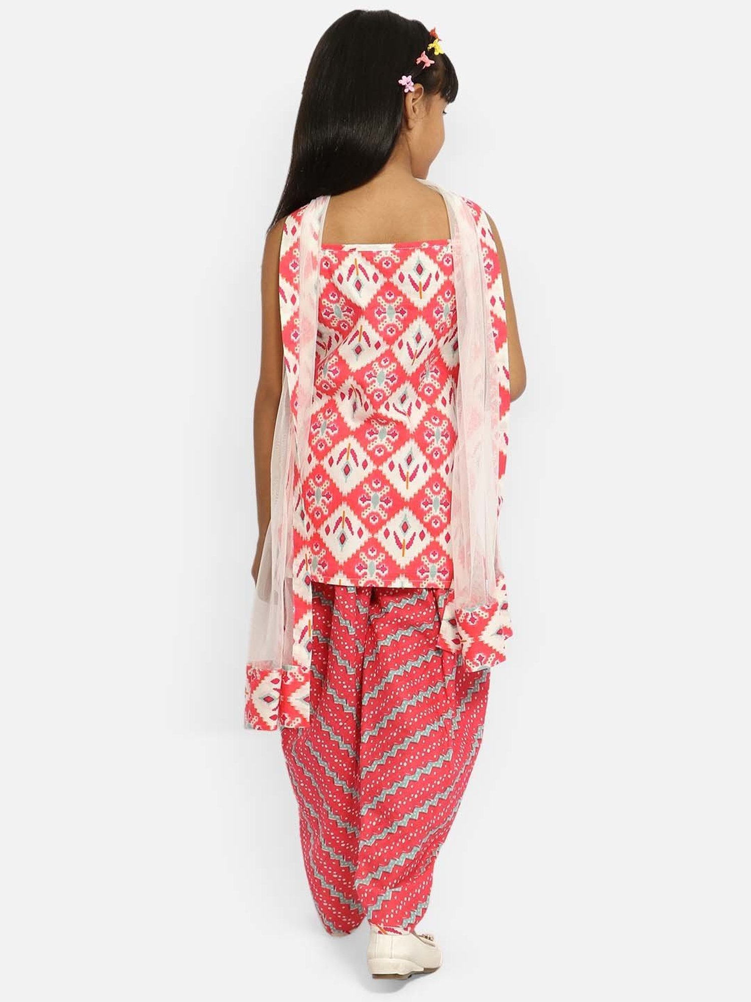 Nauti Nati Kids White & Pink Embellished Kurta, Dhoti with Dupatta