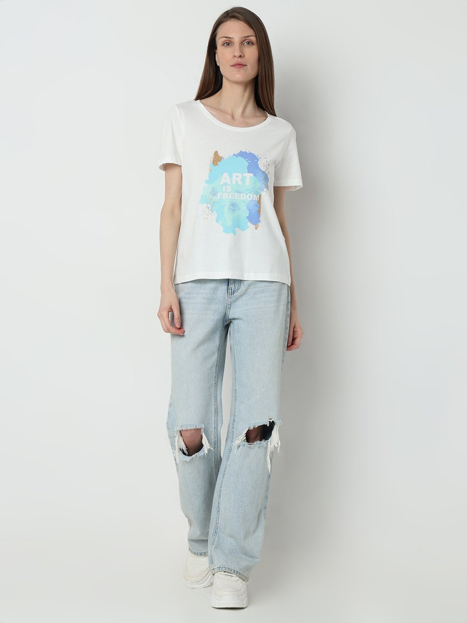 Vero Moda White Cotton Graphic Print T-Shirt