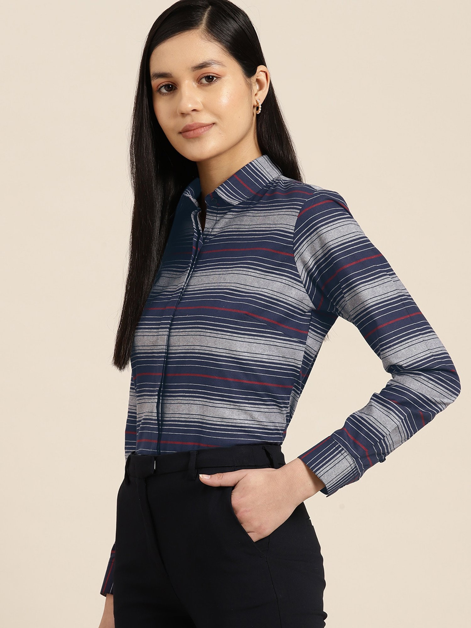 Hancock Grey & Navy Cotton Striped Shirt