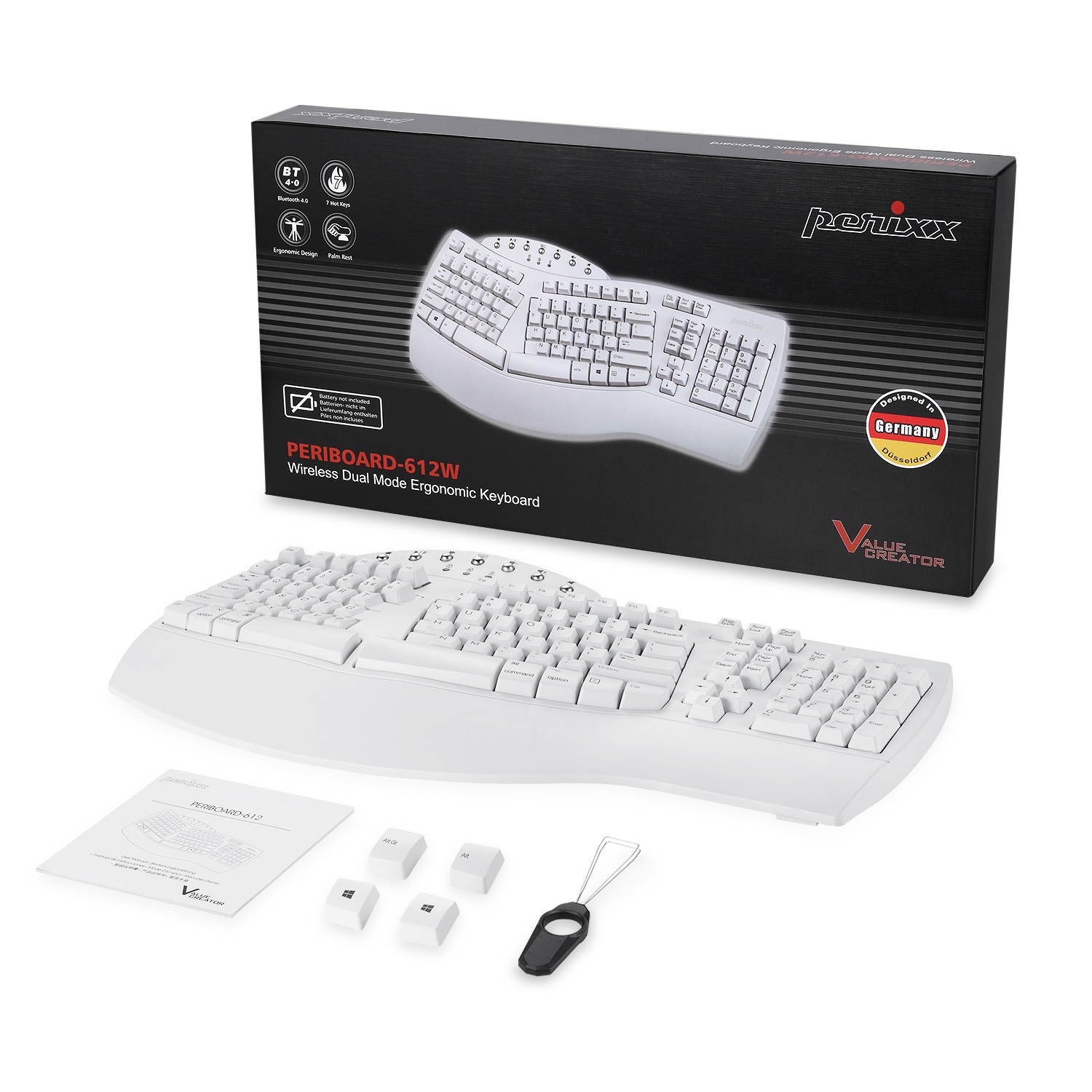 Perixx PERIBOARD-612W Wireless Ergonomic Split Keyboard with Dual Mode 2.4G and Bluetooth Feature, Compatible with Windows 10 and Mac OS X System, White
