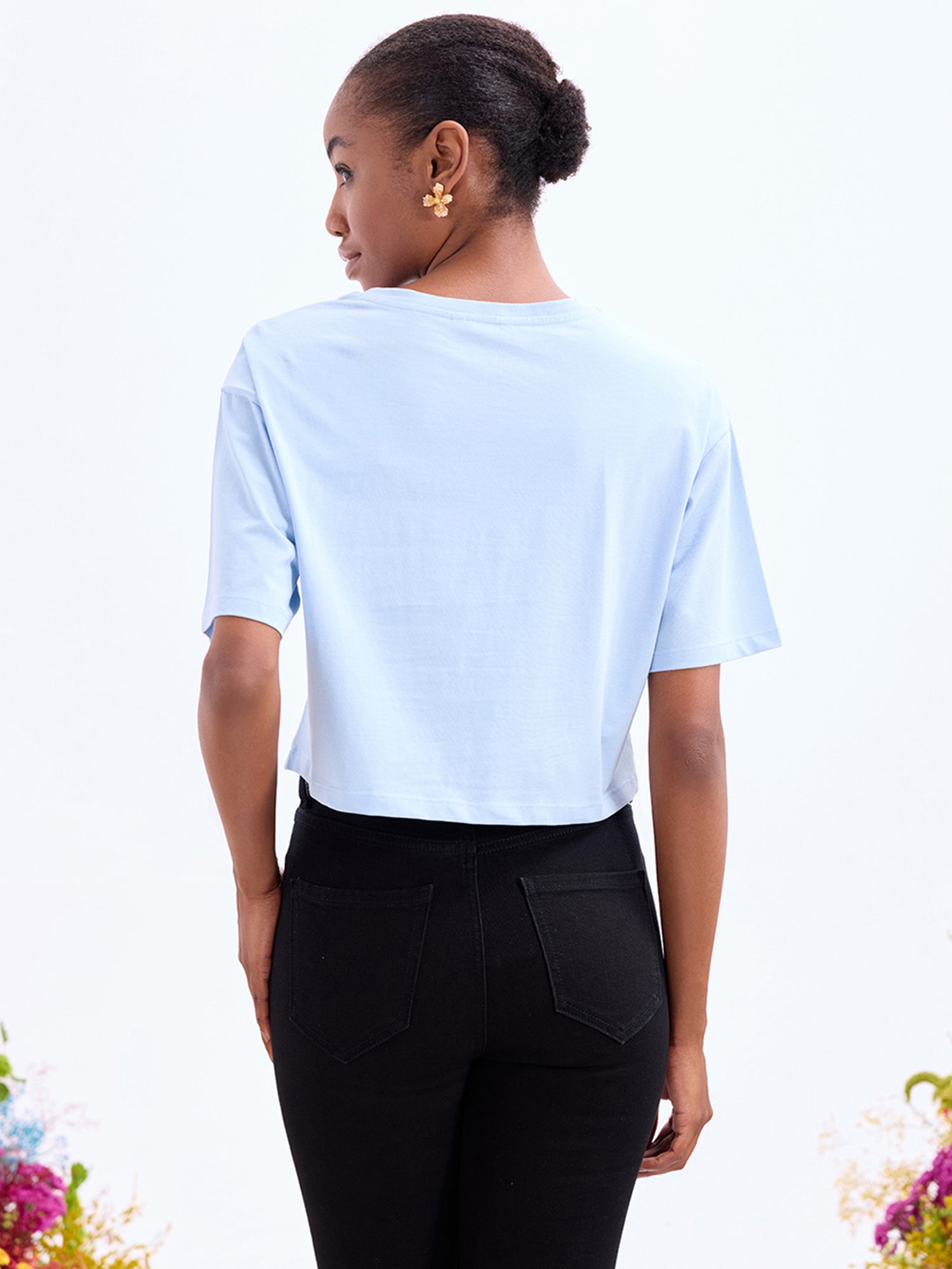 Cover Story Light Blue Cotton Graphic Print Crop T-Shirt