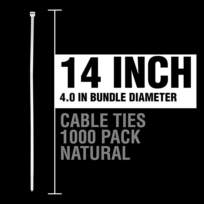 Cable Ties 14-in 50 Lb Tensile Strength Standard Duty Self Locking Natural Zip Ties, 1,000 Pack, UL Listed, Contractor Quality and Strength