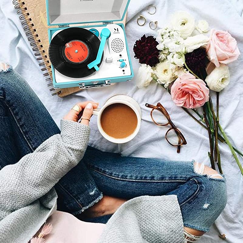 Player, Portable Mini Suitcase Turntable for 7 Inch Vinyl , Belt-Drive 2-Speed Turntable with Built in Stereo Speaker (Blue)