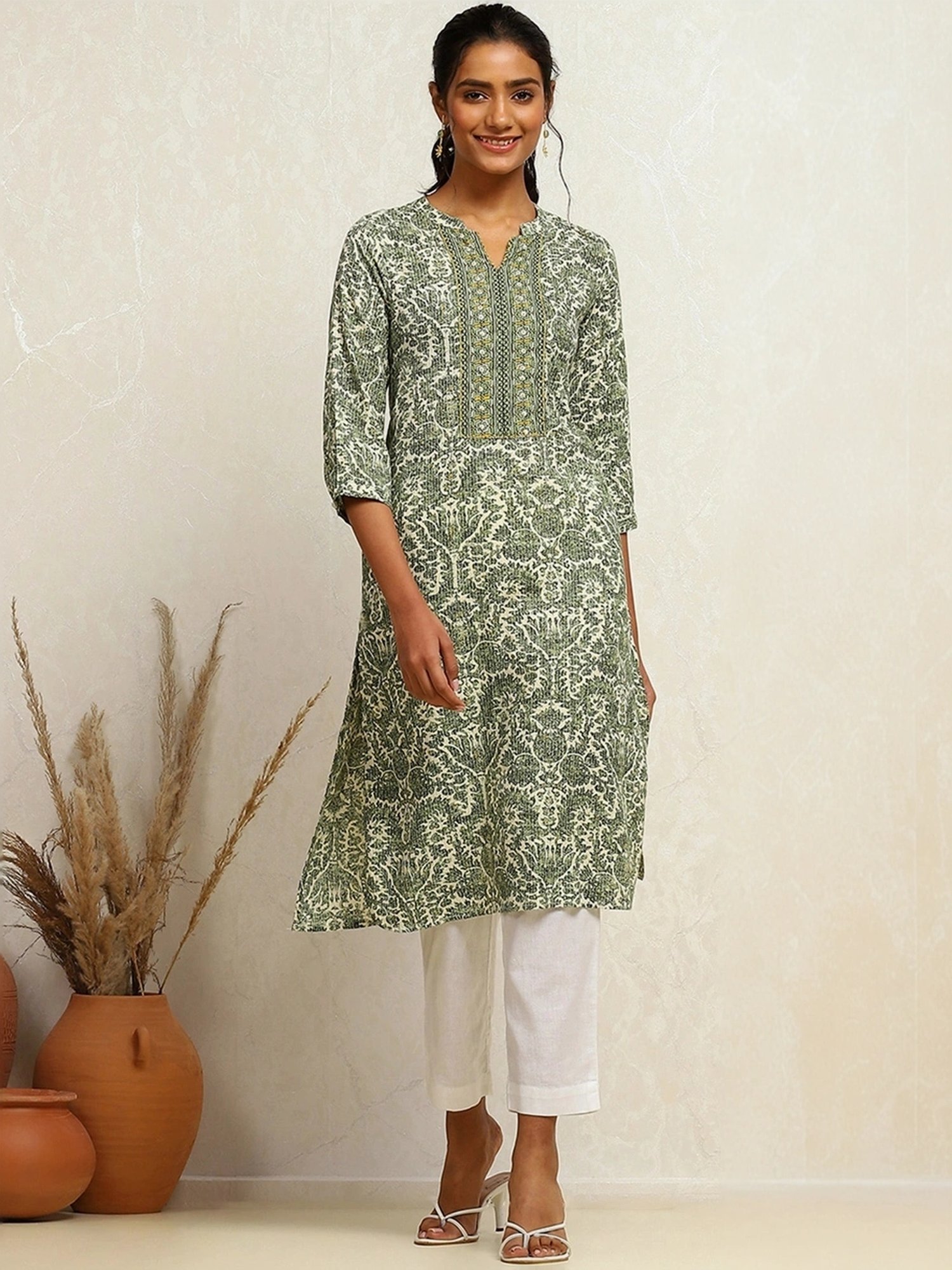 Biba Green Cotton Printed Straight Kurta