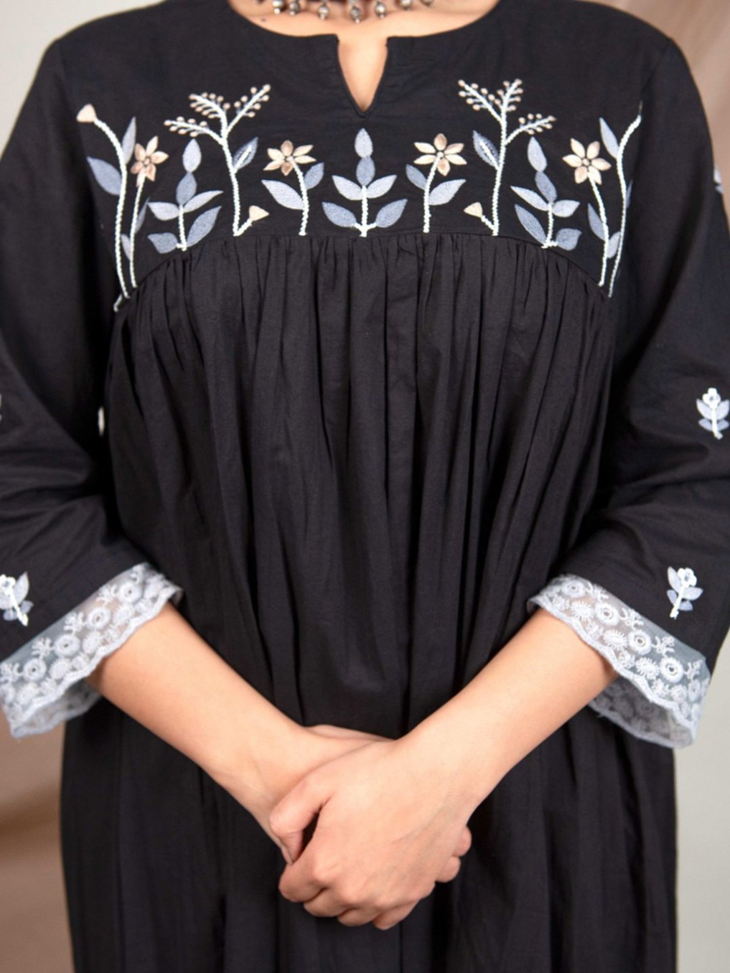 Priya Chaudhary Black Nargis Hand Embroidered Cotton Kurta with Pants and Kota Cotton Dupatta