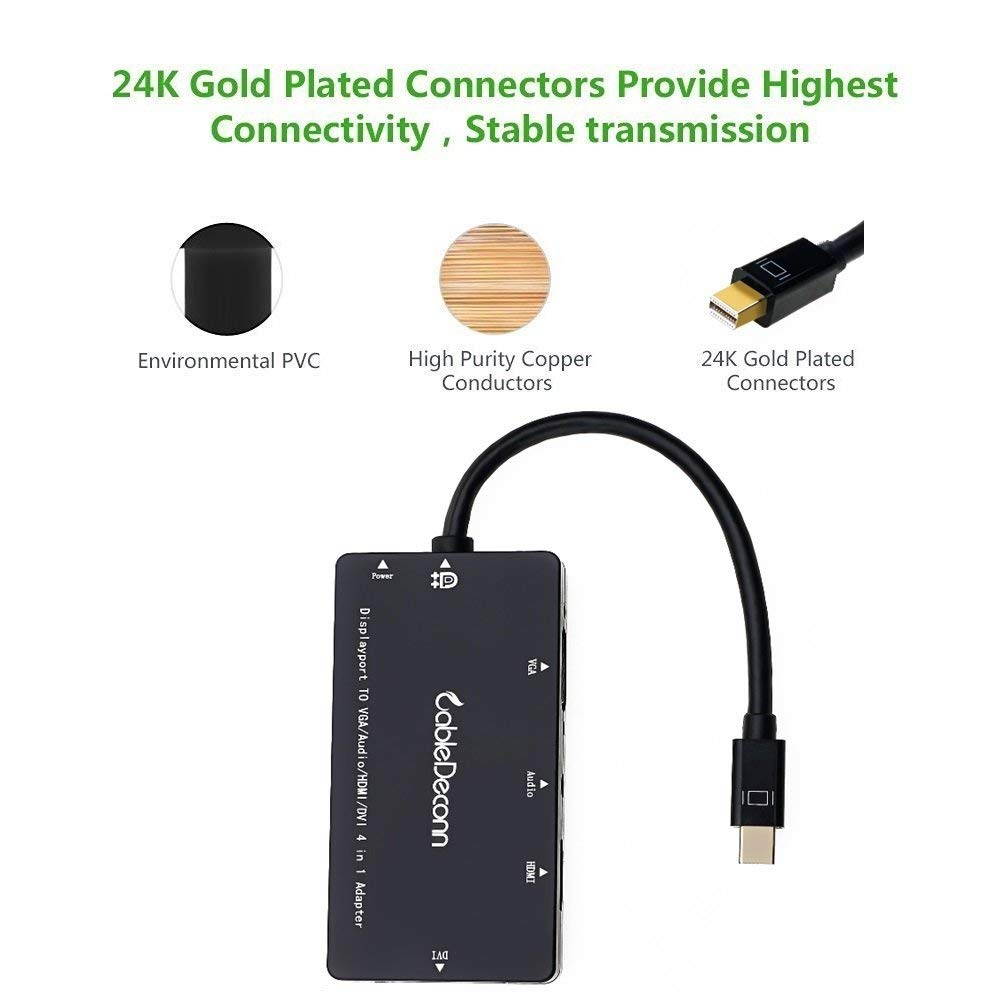CableDeconn 4-in-1 Mini Displayport (Compatible Thunderbolt) to Hdmi dvi vga Adapter Cable with Audio Output Converter for Apple Macbook Air  Supports 3 Monitors At the Same Time