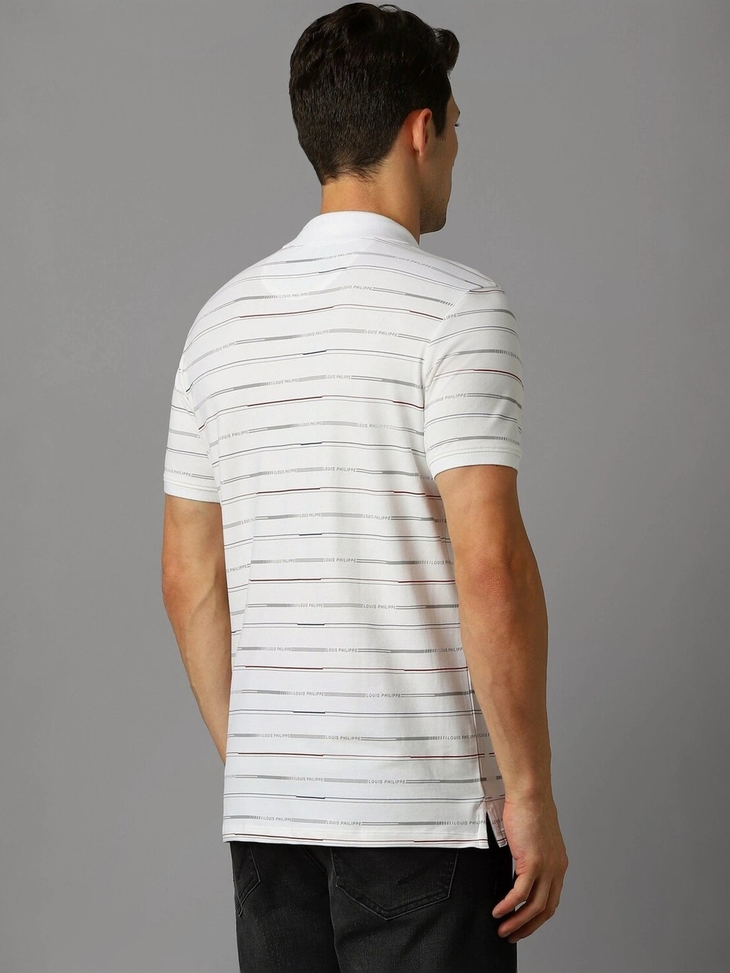 Louis Philippe White Cotton Slim Fit Striped Polo T-Shirt