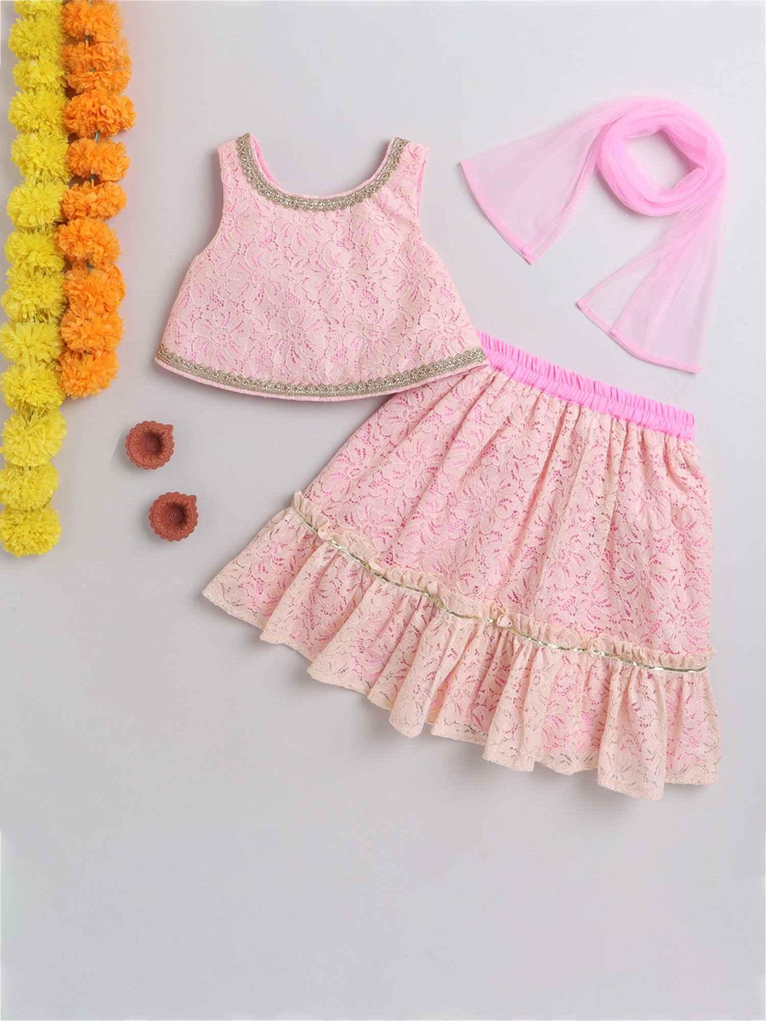 Many Frocks Kids Pink Self Design Lehenga, Choli with Dupatta