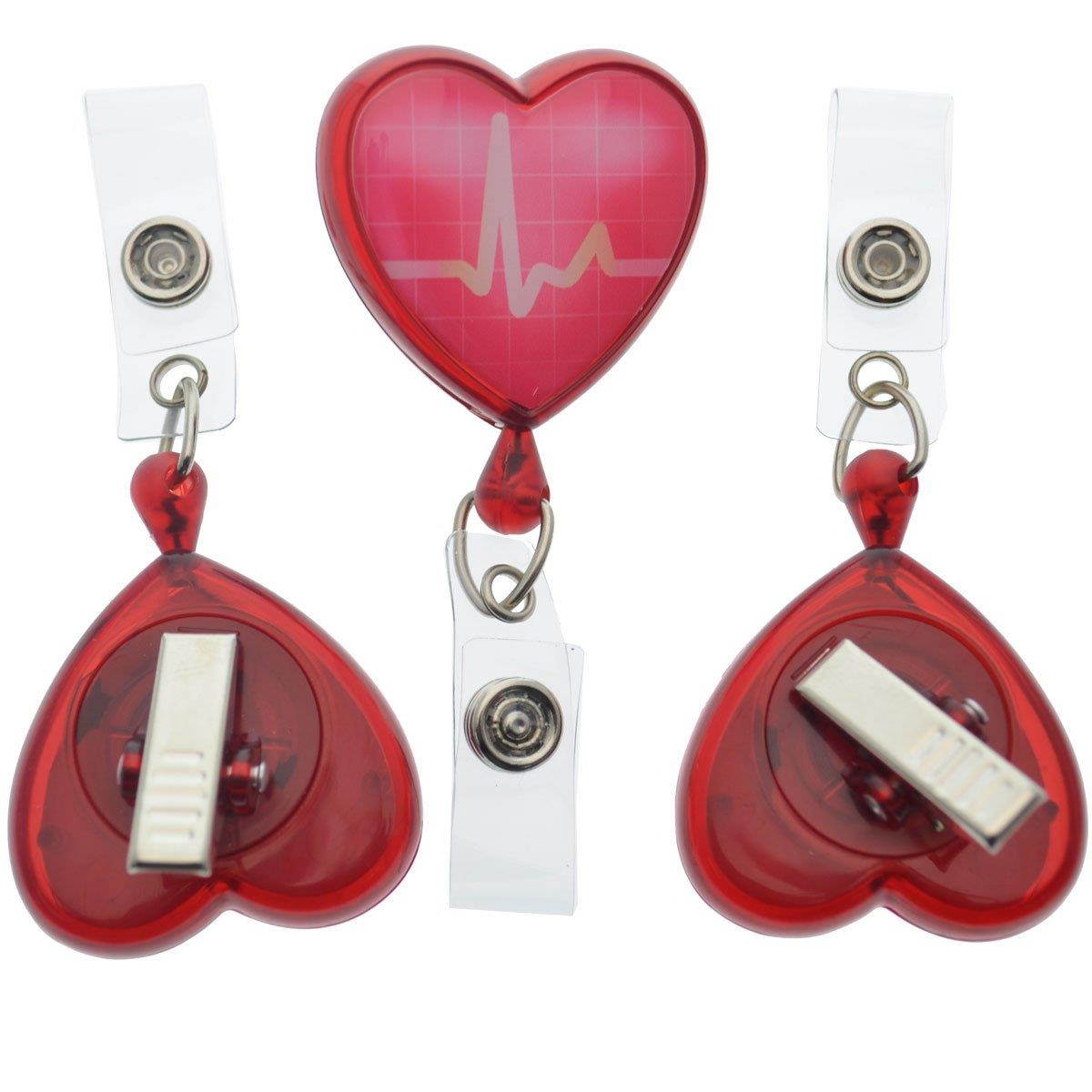 Specialist ID - 3 Pack of Heart Shaped EKG Cardiac Badge Reels with Alligator Swivel Clip on Back (Red)