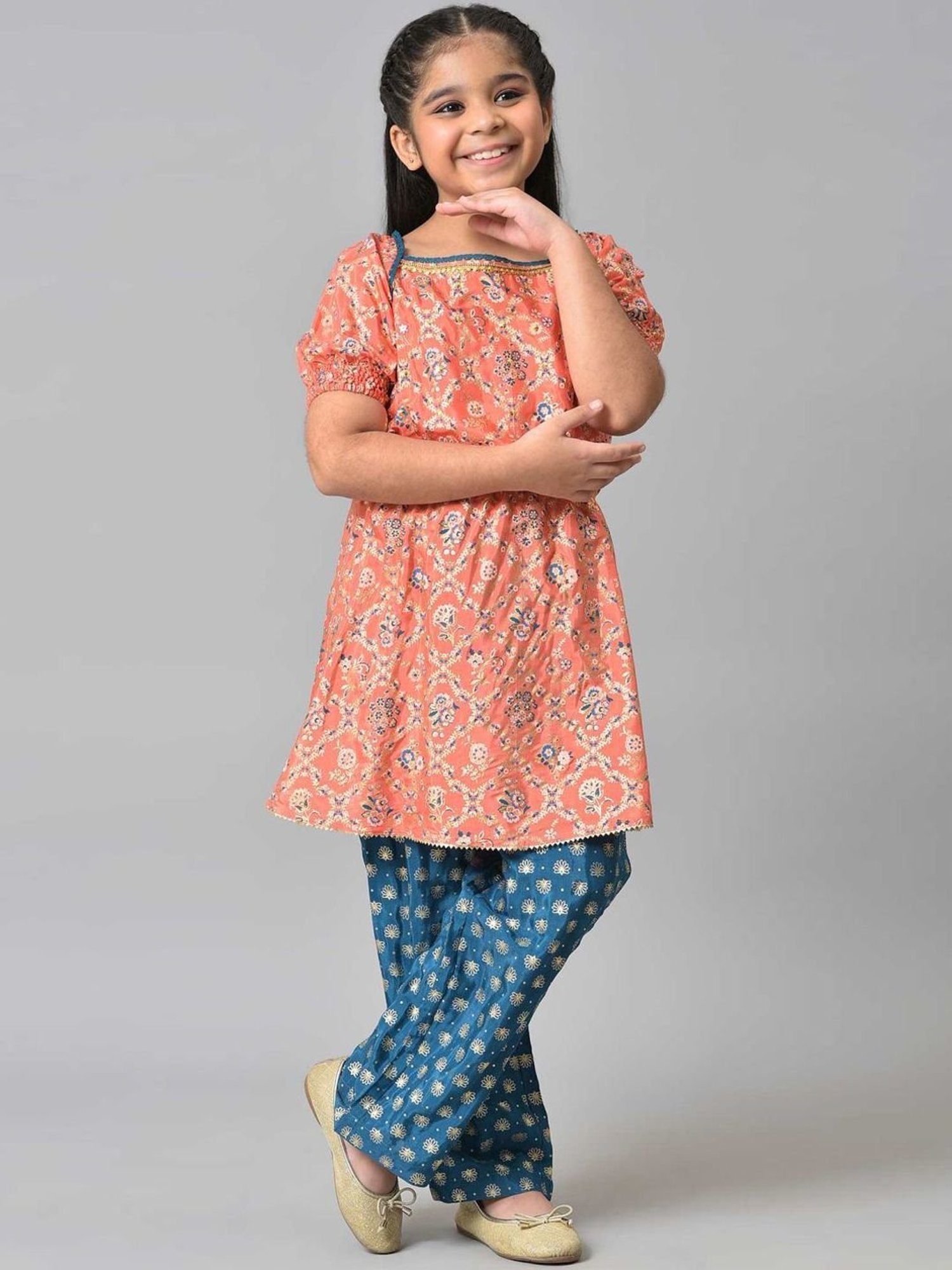 Aurelia Kids Peach & Blue Floral Print Kurta Set
