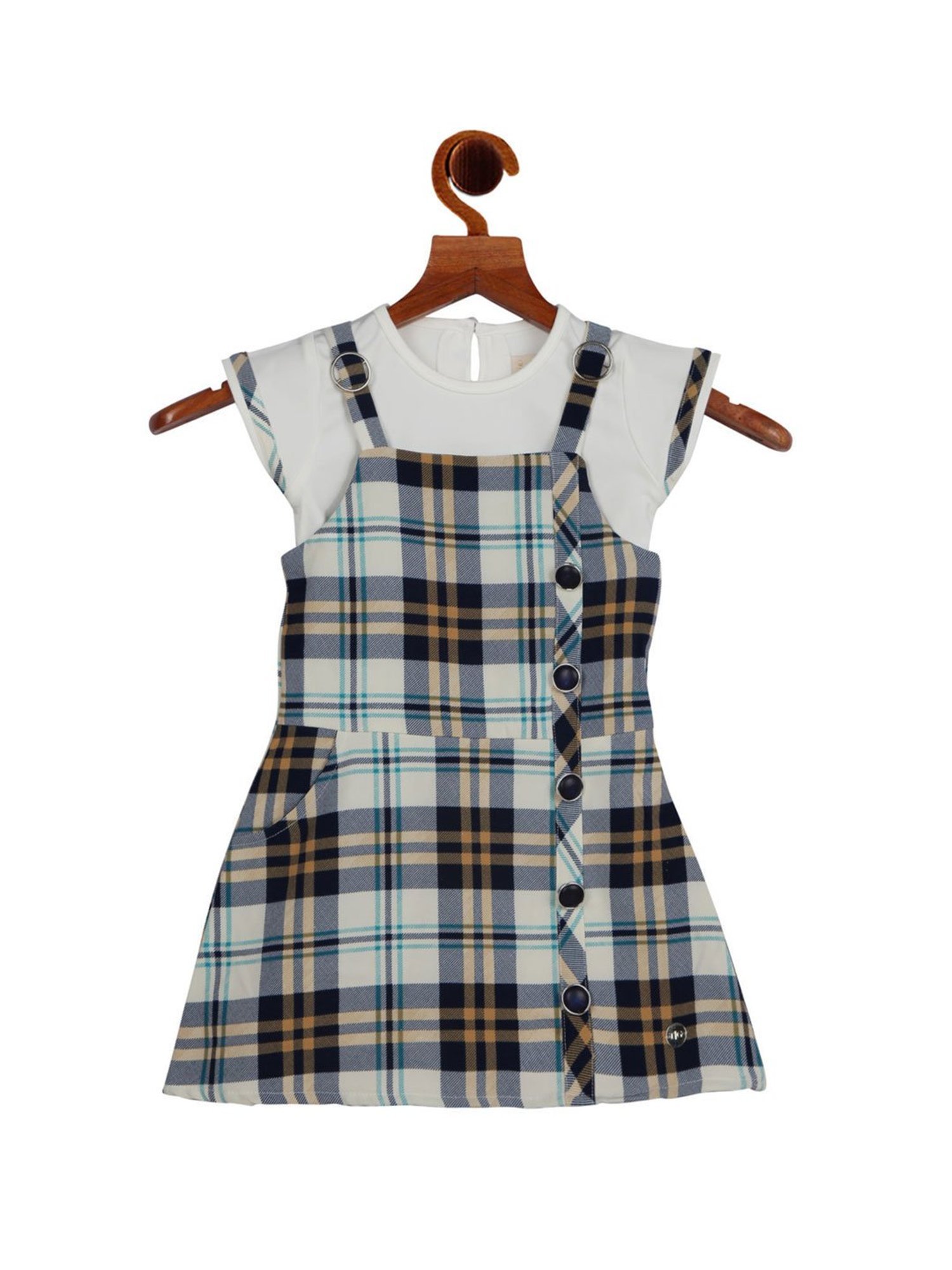 Tiny Girl Kids Multicolor Checks Pinafore Dress With T-Shirt