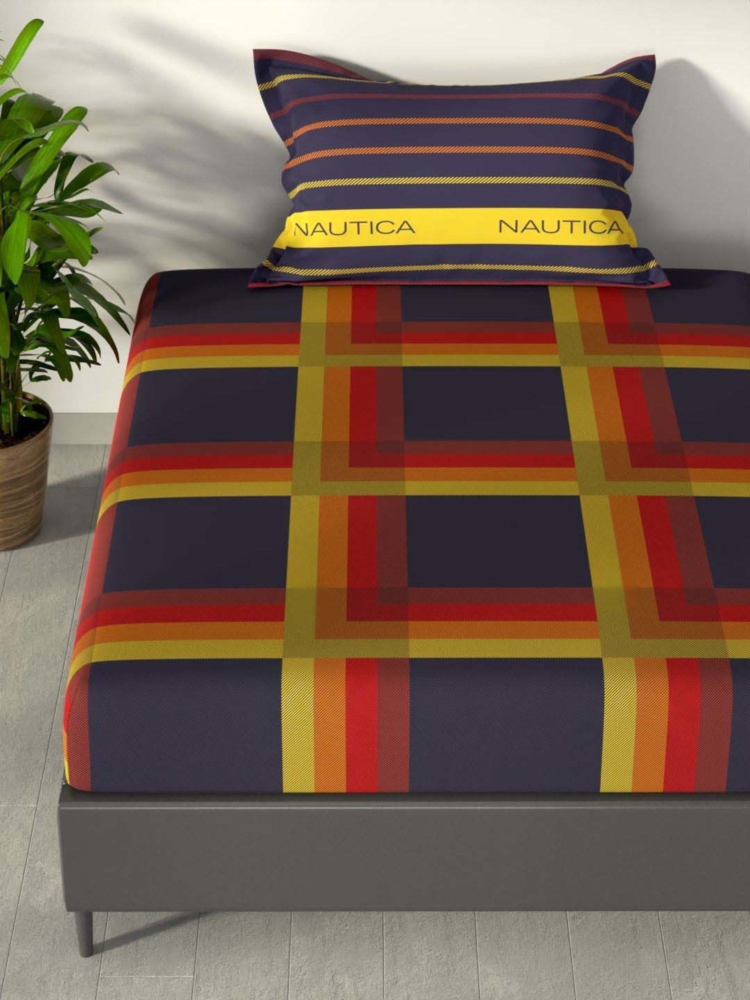 NAUTICA Pacific Coast Purple & Yellow Cotton 160 TC Single Bedsheet with Pillow Cover