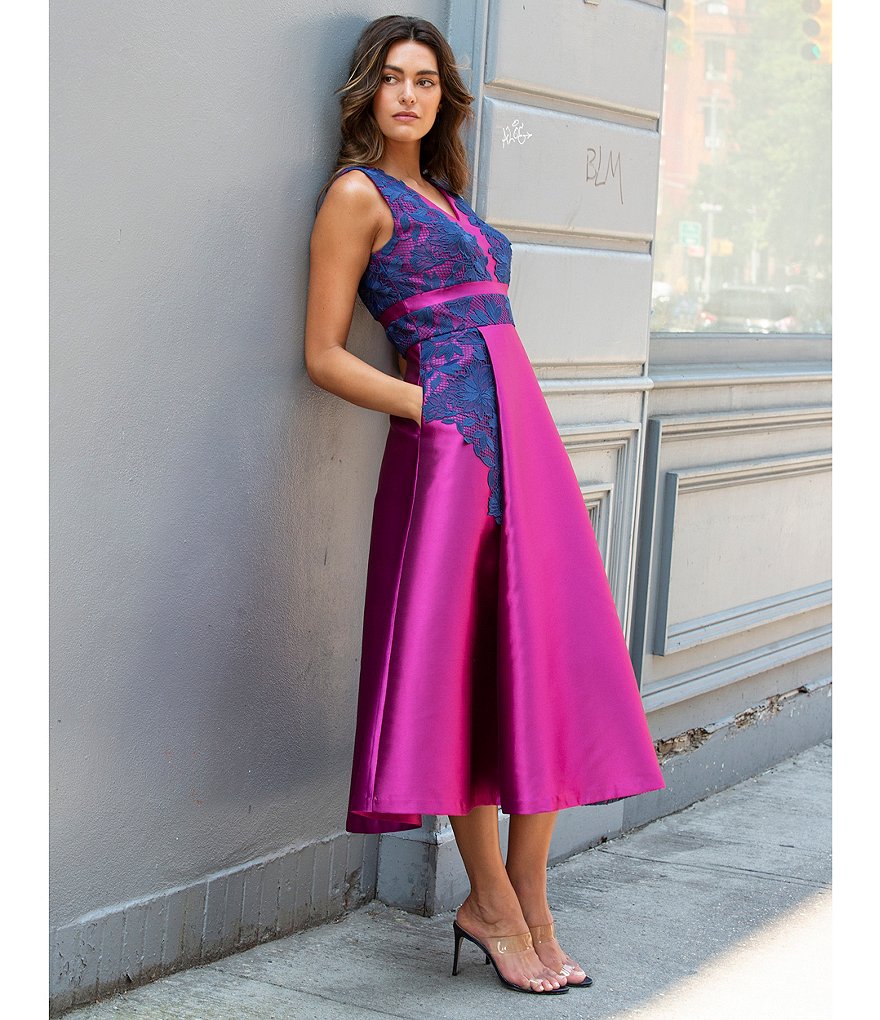 Kay Unger V-Neck Sleeveless Pleated Twill Midi Dress