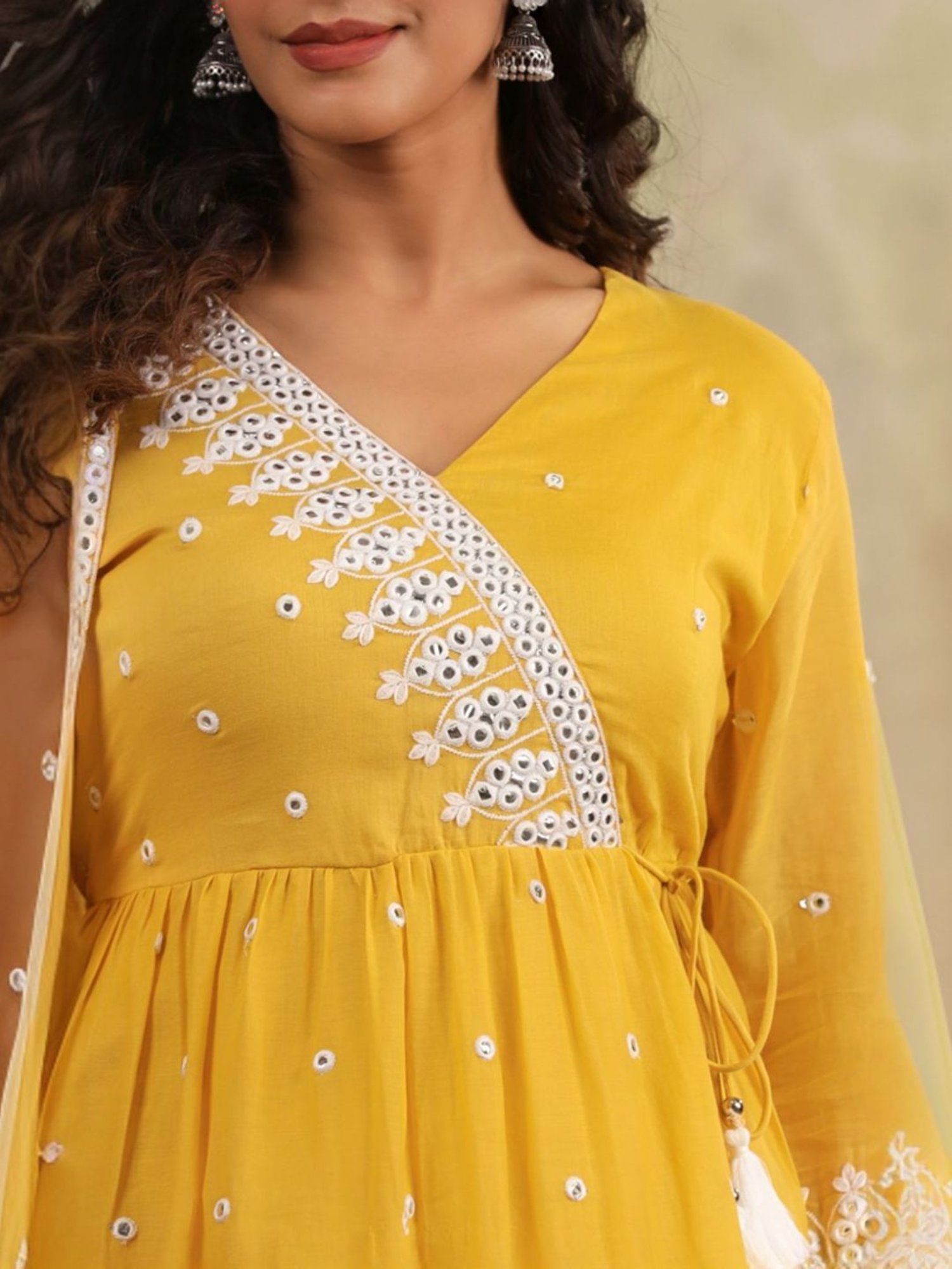 SCAKHI Mustard Mulmul Mirror Embroidered Peplum Kurta With Sharara And Dupatta