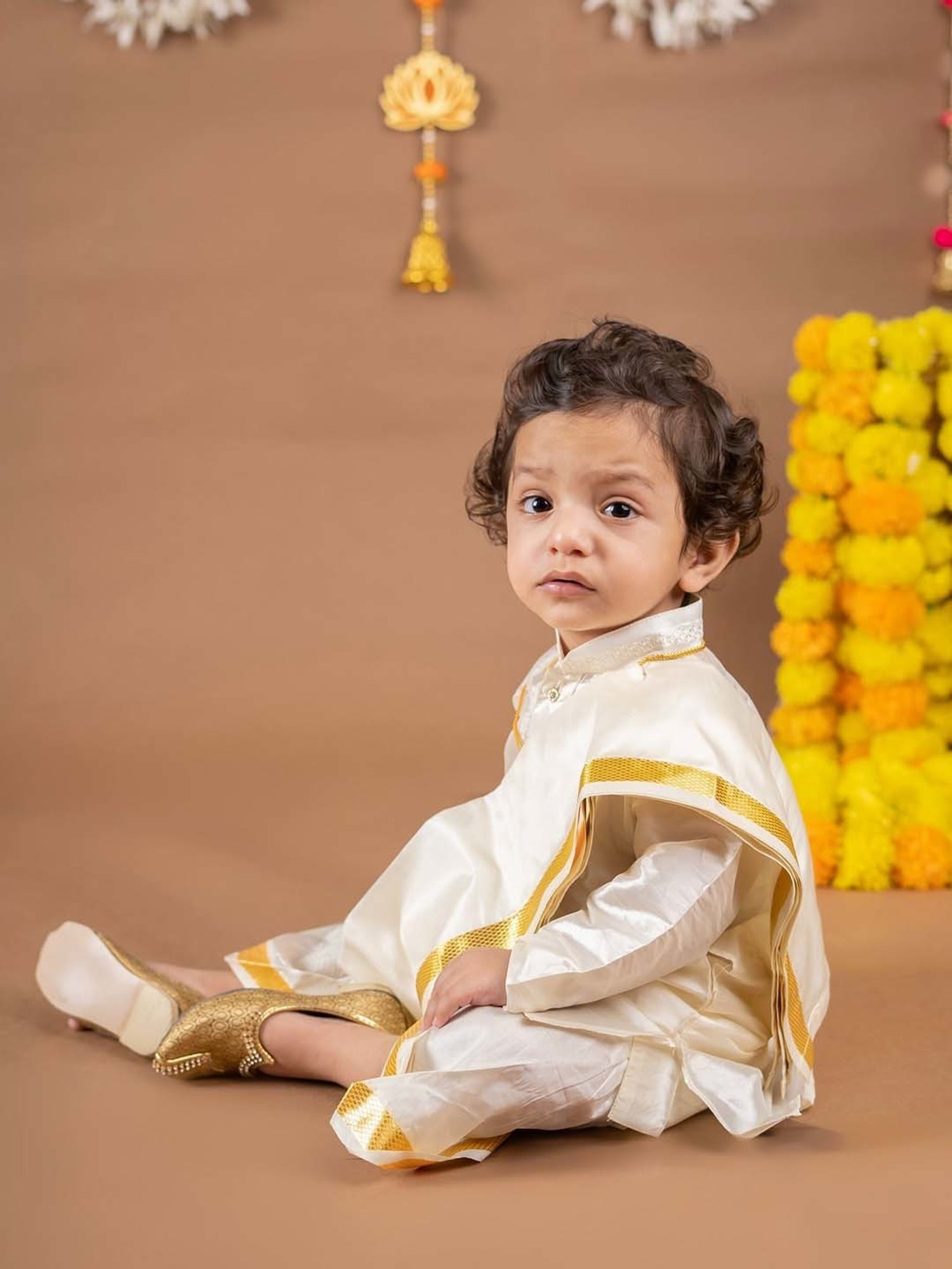 Baby Moo Kids Cream & Yellow Regular Fit Full Sleeves Kurta Set