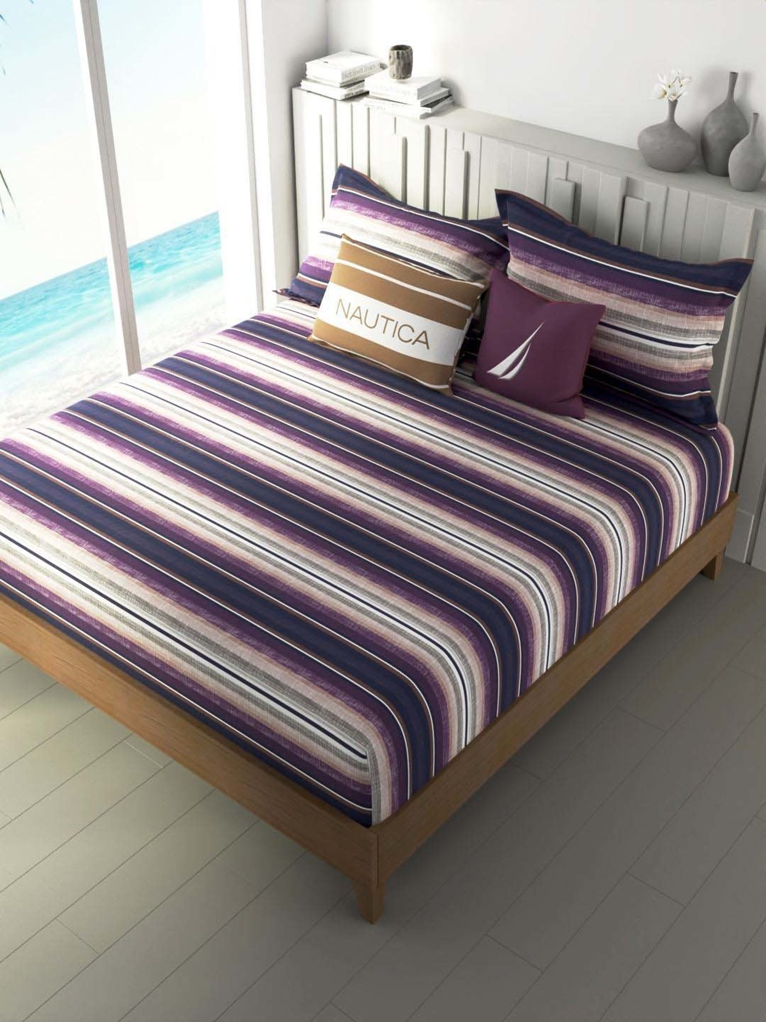 NAUTICA Ocean View Purple & Blue Cotton 160 TC King Bedsheet with 2 Pillow Cover