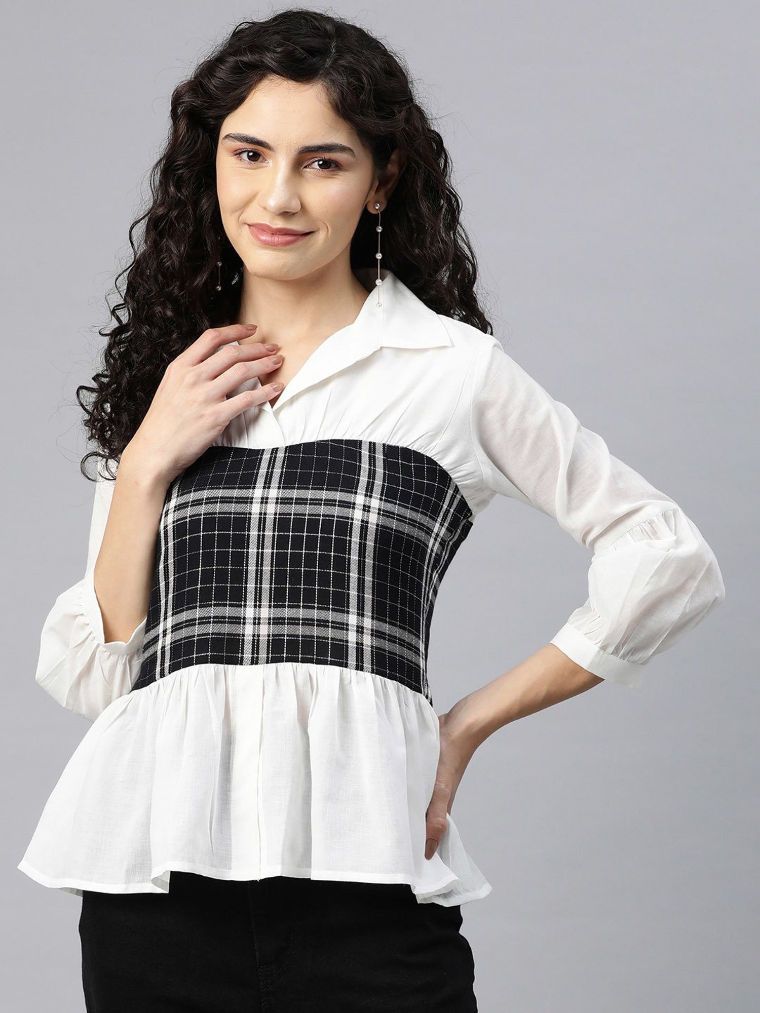 Cottinfab White Cotton Checks Peplum Top