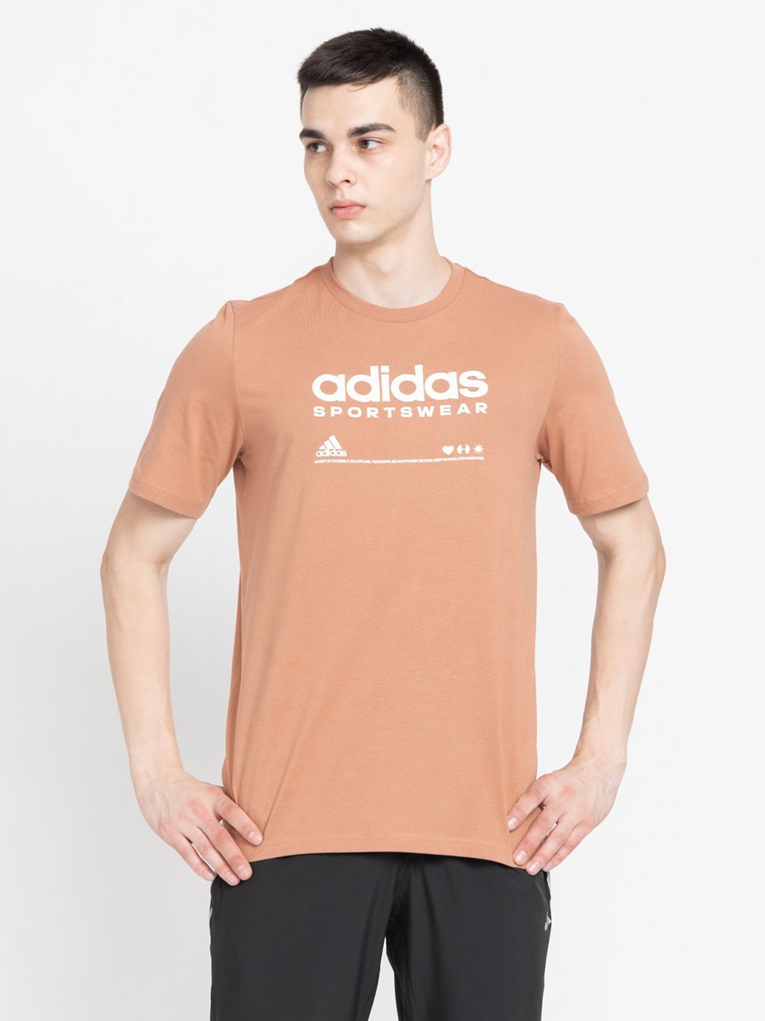 adidas Brown Loose Fit Cotton Crew T-Shirt
