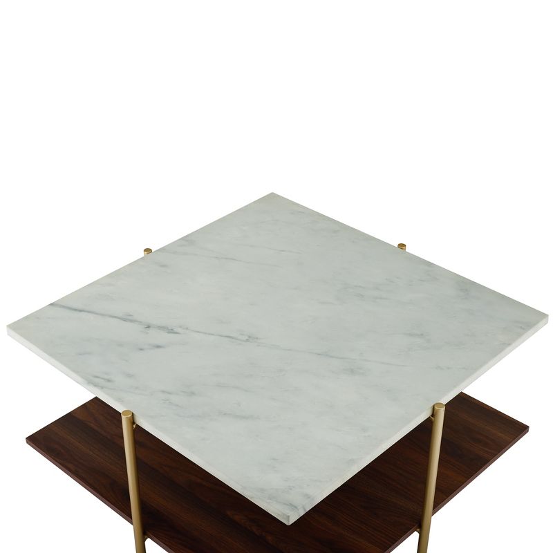 Mid Century Modern Glam Square Coffee Table Faux White Marble Dark Walnut/Gold - Saracina Home