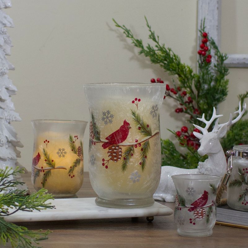 Northlight 4" Hand Painted Christmas Cardinal and Pine Flameless Glass Candle Holder