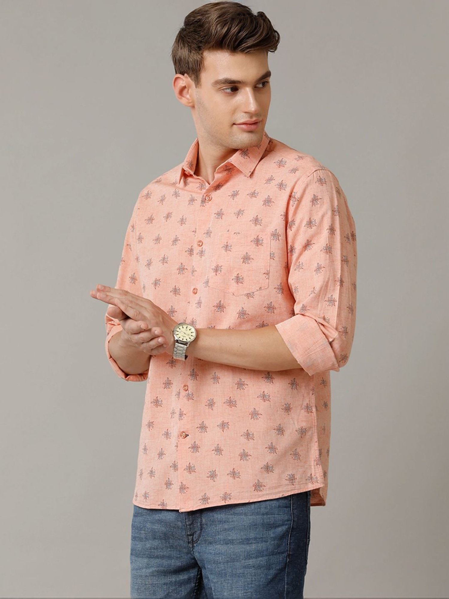 Cavallo By Linen Club Orange Linen Contemporary Fit Printed Shirt