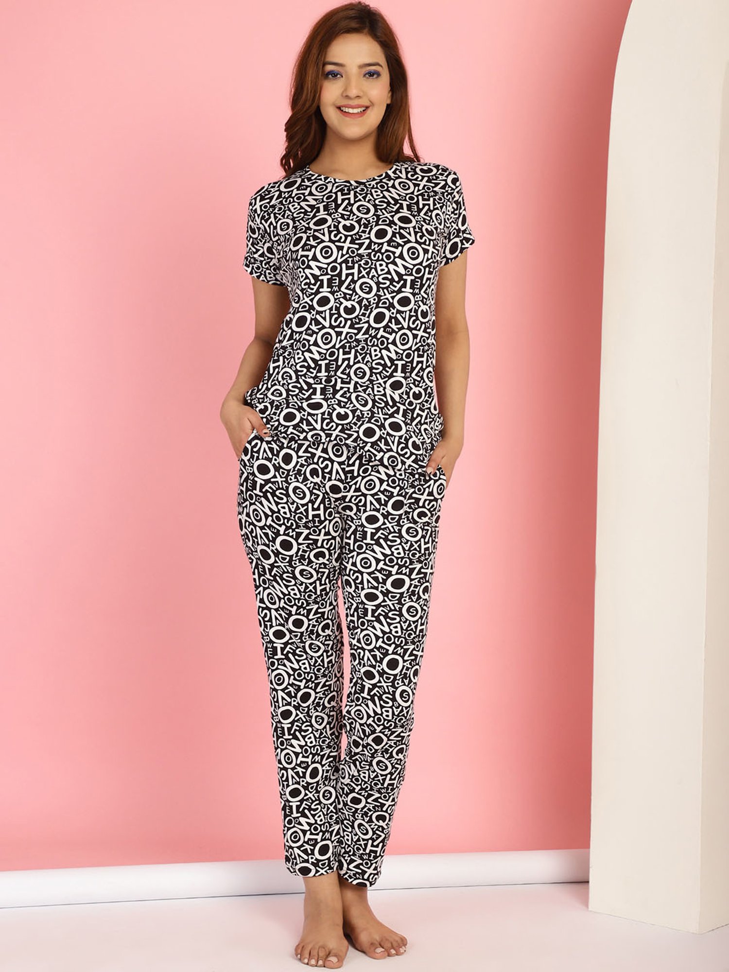 Gracit Grey & White Cotton Printed Top With Pyjamas