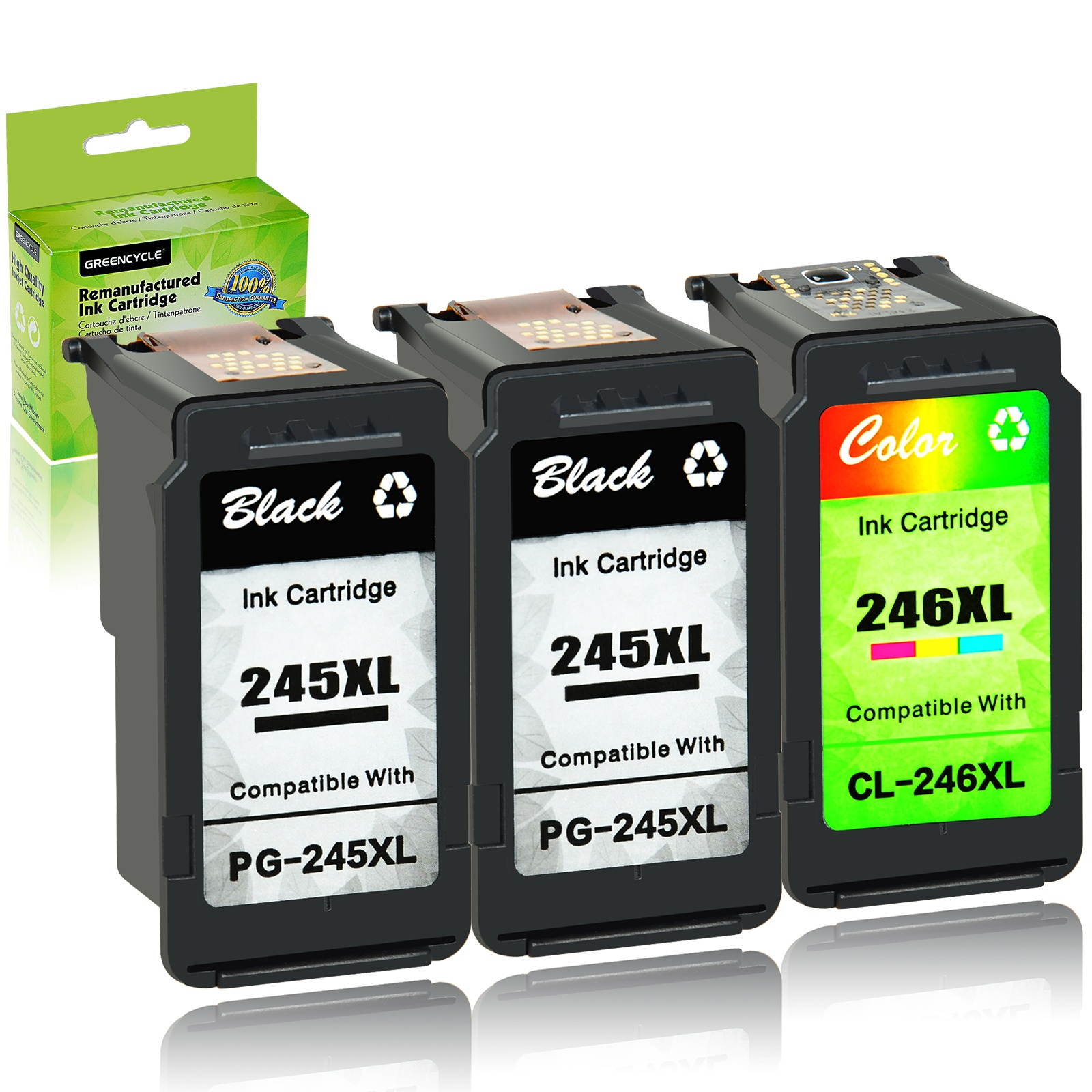 GREENCYCLE Ink Cartridge Compatible PG-245XL CL-246XL (2 Black & 1 Color) 3 Pack for Canon PIXMA Printer - Show Ink Level