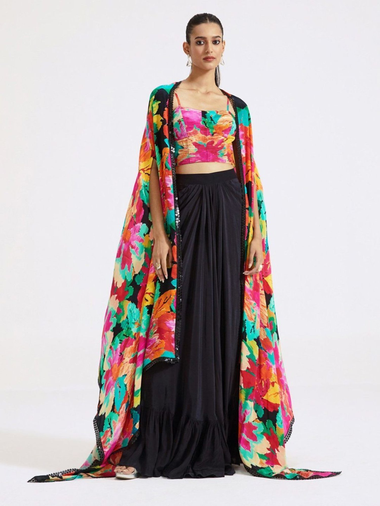Basanti Kapde aur Koffee Multicolored Evolve Skirt with Blouse and Cape