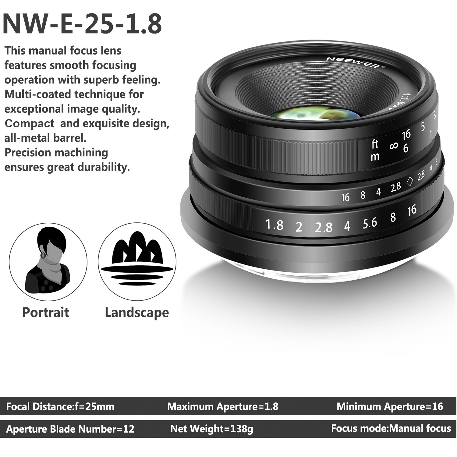 Neewer 25mm F1.8 APS-C Large Aperture Wide Angle Lens Manual Focus Lens for Sony E Mount Mirrorless Cameras A7III A9 NEX 3 3N 5 NEX 5T NEX 5R NEX 6 7 A6400 A5000 A5100 A6000 A6100 A6300 A6500