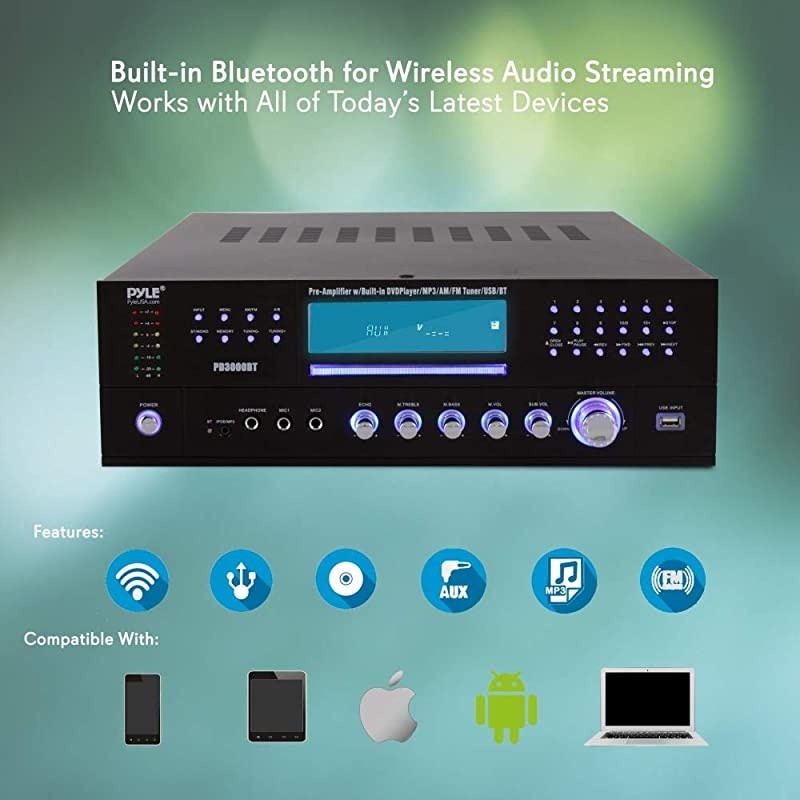 4-Channel Home Theater Bluetooth Preamplifier - 3000 Watt Stereo Speaker Home Audio Receiver Preamp w/ Radio, USB, 2 Microphone w/ Echo for Karaoke, CD DVD Player, LCD, Rack Mount -  PD3000BT