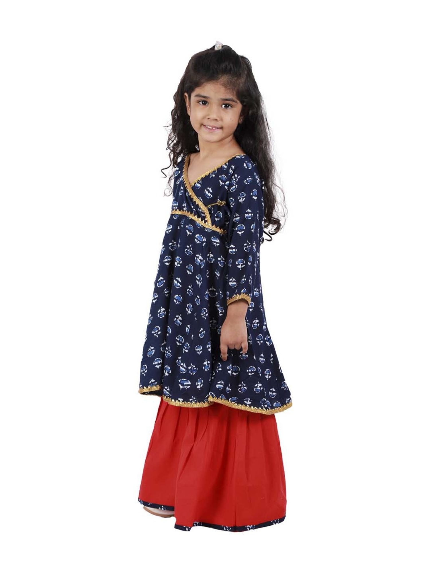 Ahhaaaa Kids Blue & Red Cotton Floral Print Anarkali Set