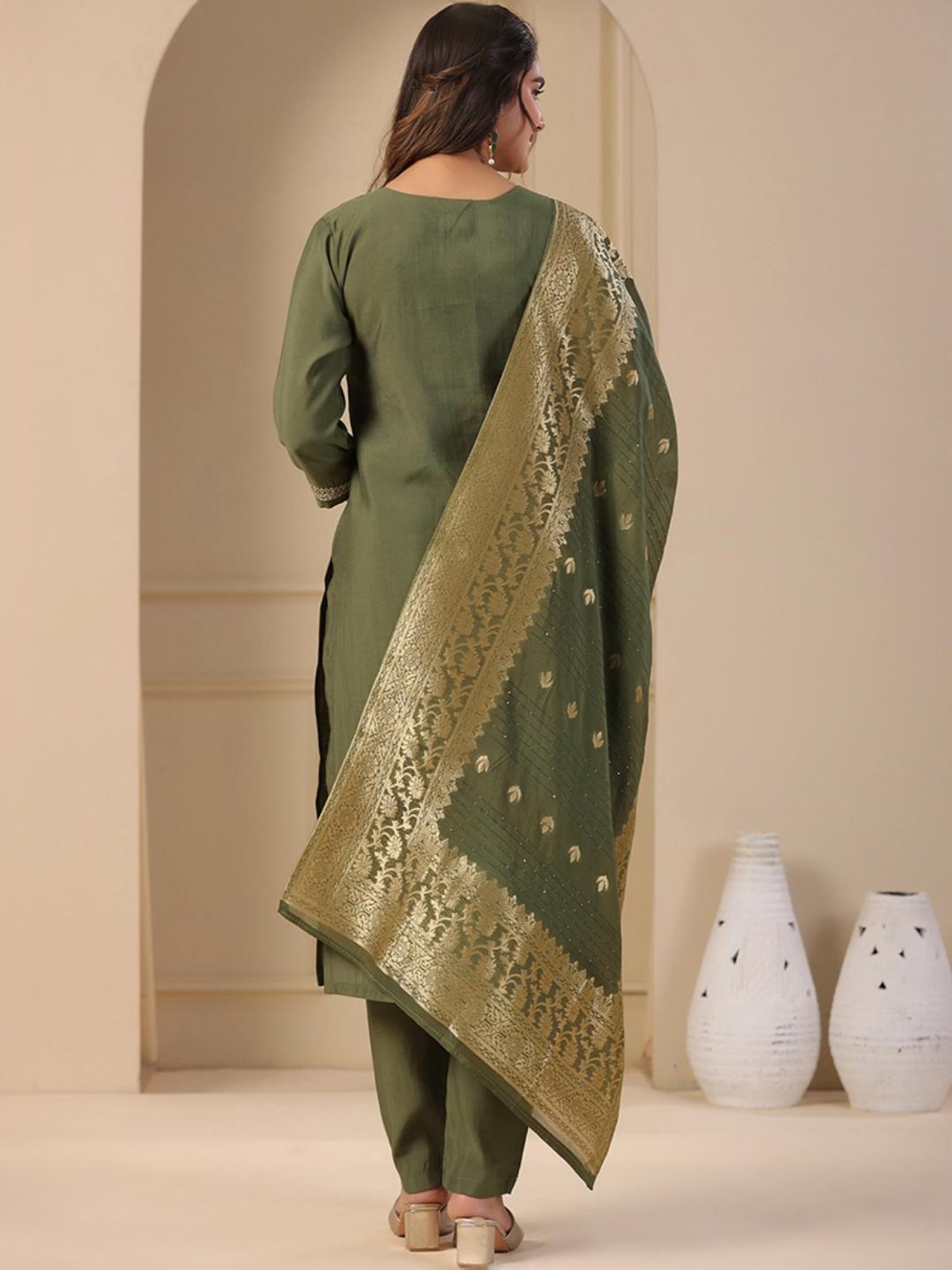 Fashor Green Embroidered Kurta Pant Set With Dupatta