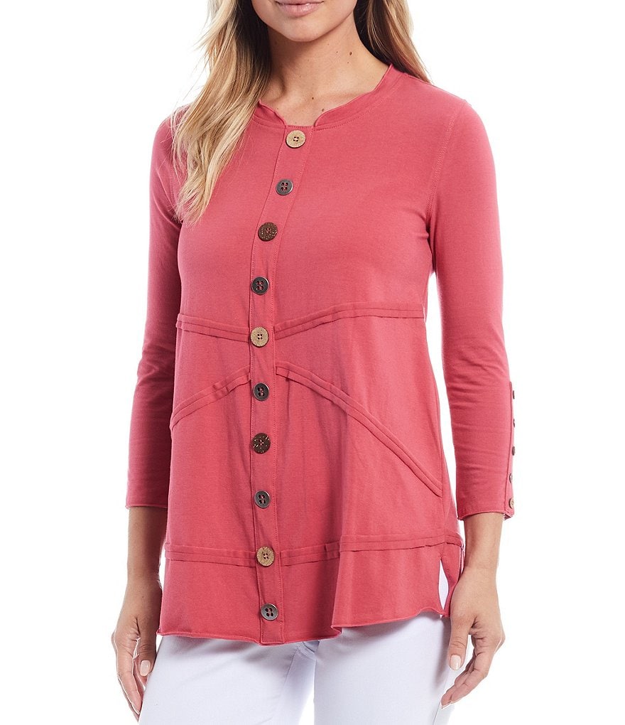 Multiples Petite Size Band Scoop Sleeve Seamed Detail Button Trim 3/4 Sleeve Knit Top