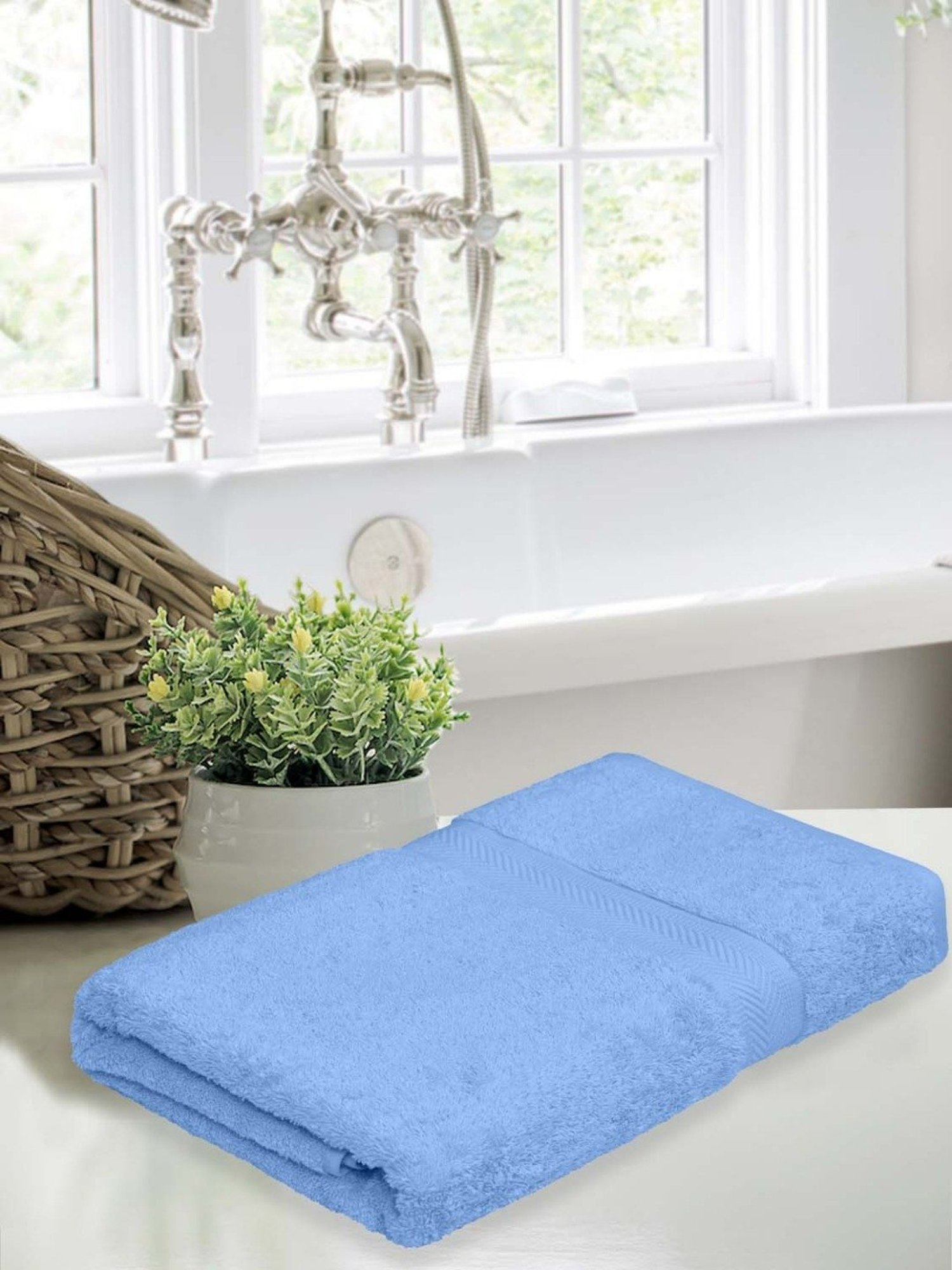 Haus & Kinder Self Blue & Navy Blue 500 GSM Cotton Bath Towel - Set of 2
