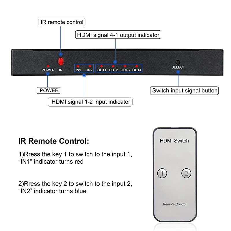 2x4 HDMI Splitter HDMI Switch Splitter 4 Out 2 in  2 in 4 Out HDMI Splitter with SPDIF Audio 35mm Support HD 4K 3D 1080P