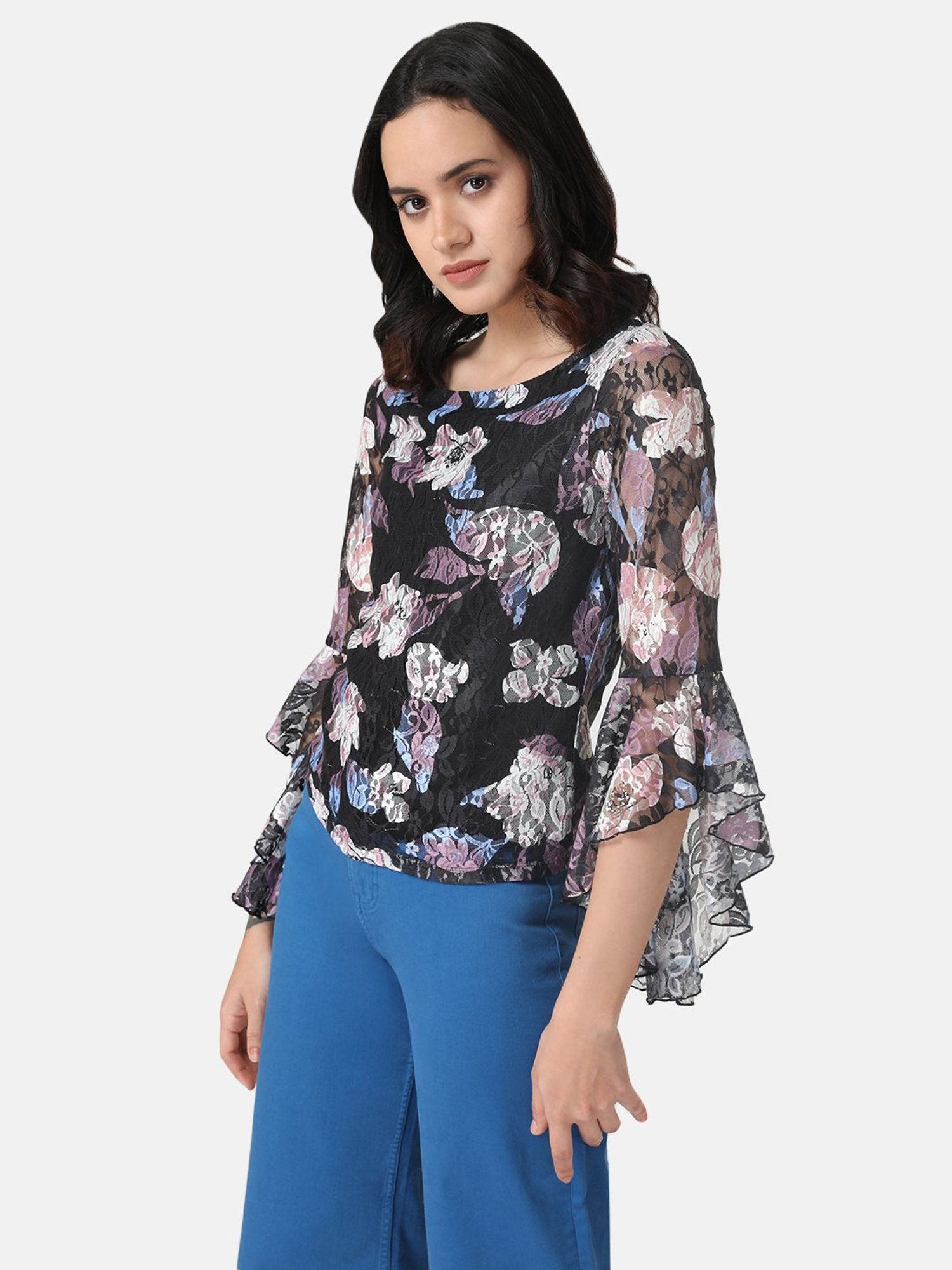 Kazo Printed Lace Top With Bell Sleeves