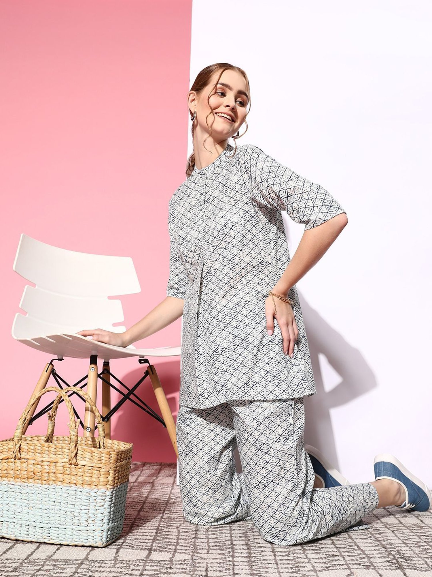 Prakrti Grey Cotton Printed Top Pant Set