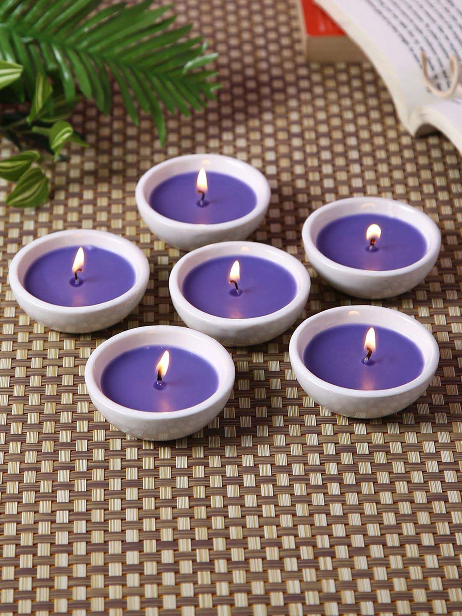 HOSLEY Purple & White Ceramic Scented Diya - Set of 6