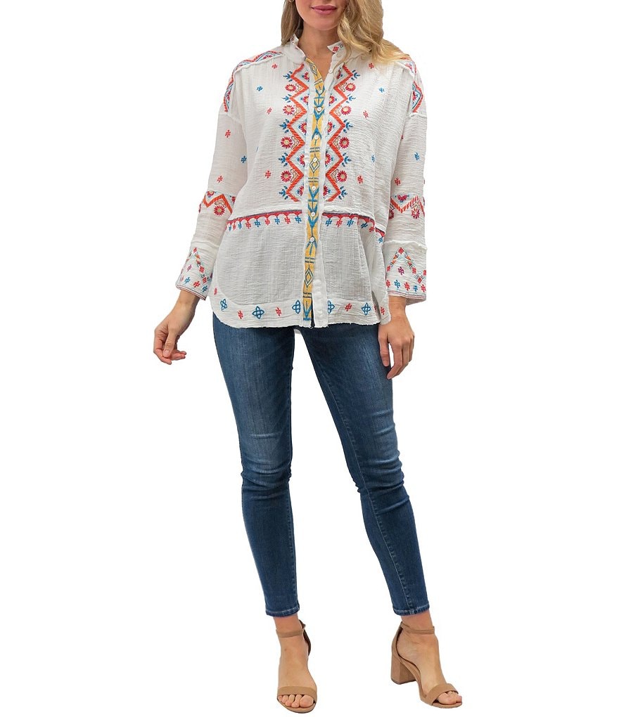 Calessa Floral Embroidered Round Neck Short Sleeve Tunic