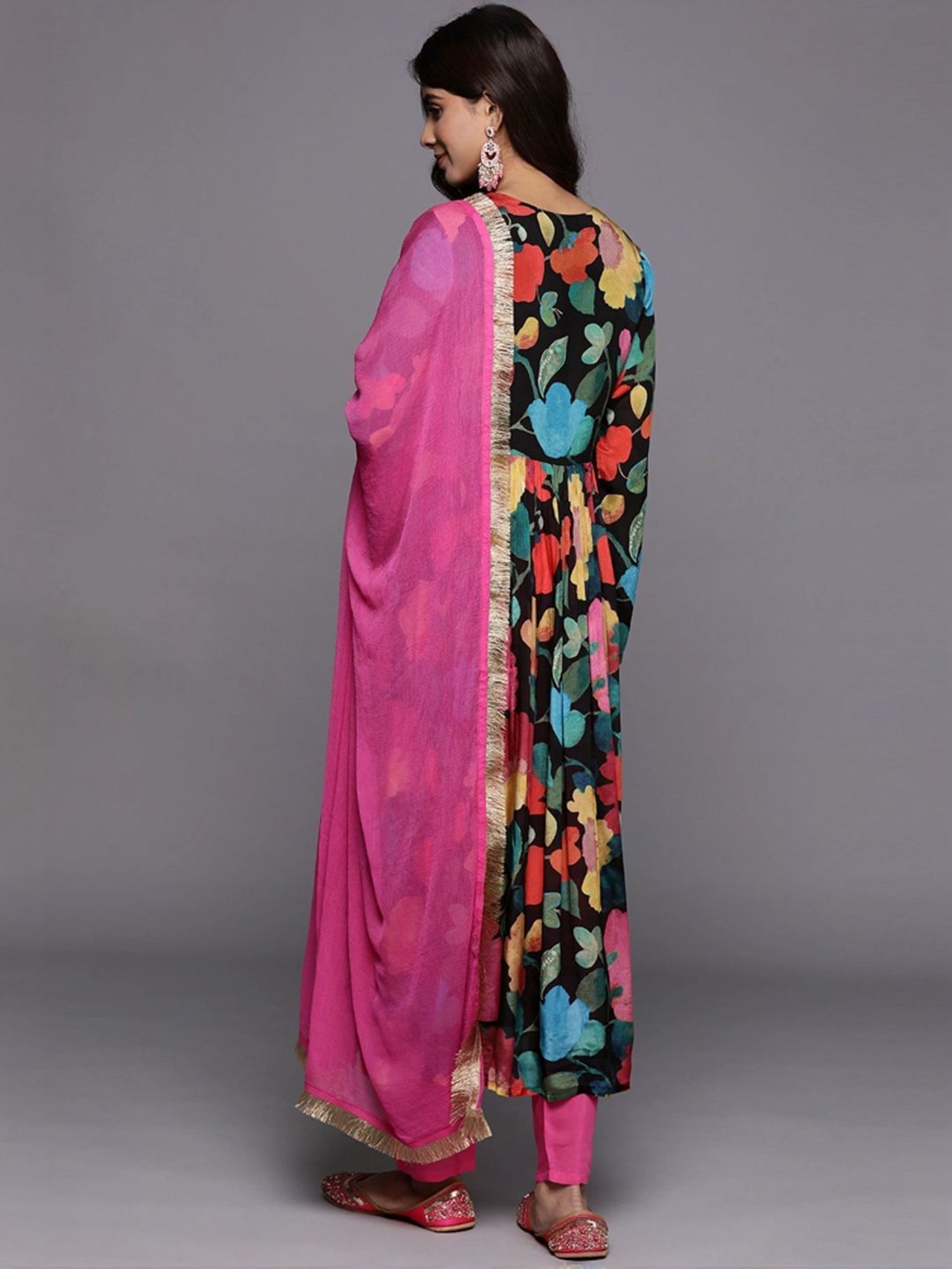 Varanga Black & Pink Floral Print Kurta Pant Set With Dupatta